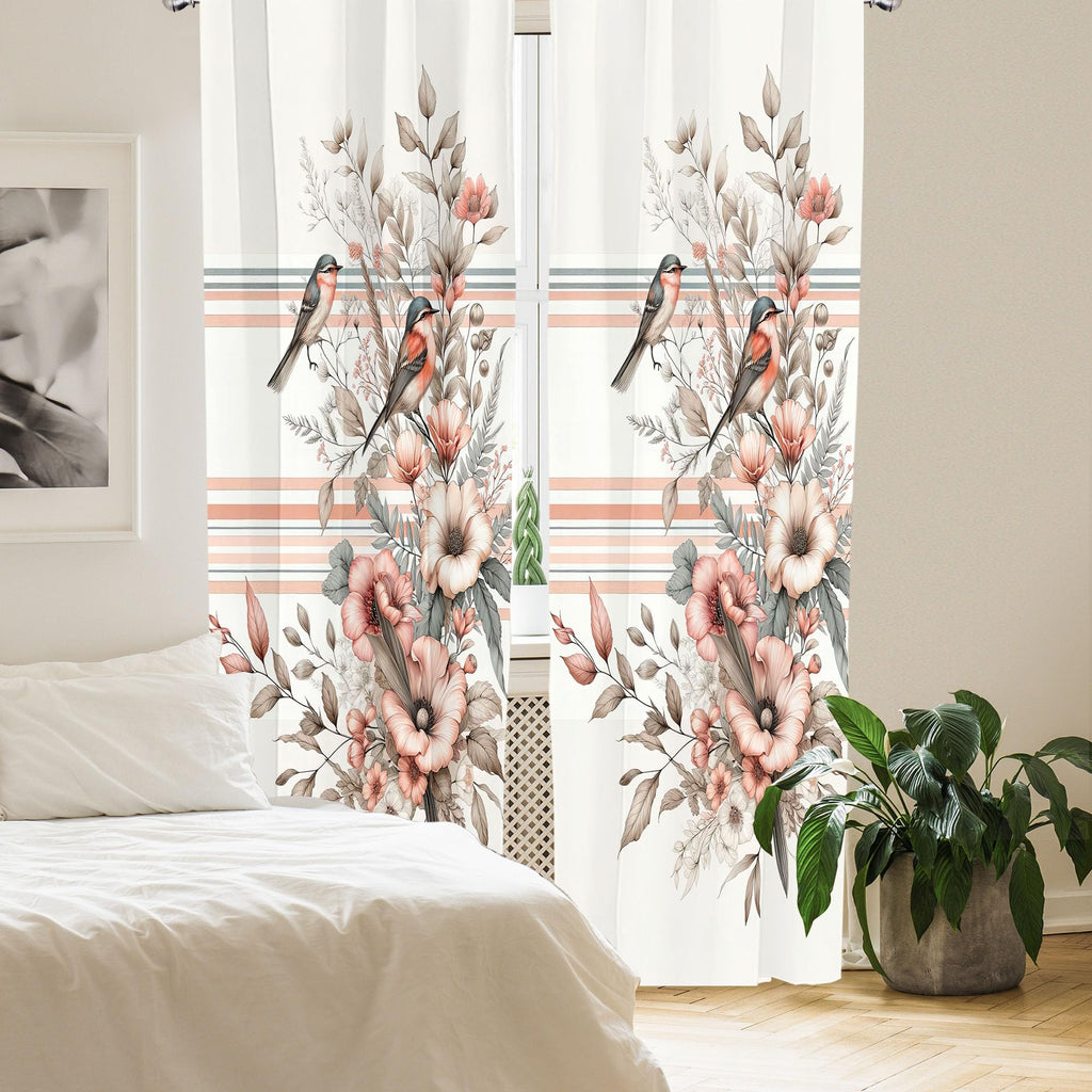Ambesonne Birds And Nature Curtains, Autumnal Composition Of Muted Leafy Floral With Sparrowbird, Window Treatments 2 Panel Set
