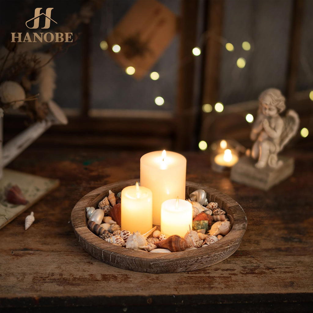 Hanobe Candle Plate Holder Tray: Round Wooden Decorative Candle Plate Small Farmhouse Table Centerpiece Rustic Wood Tealight Pil