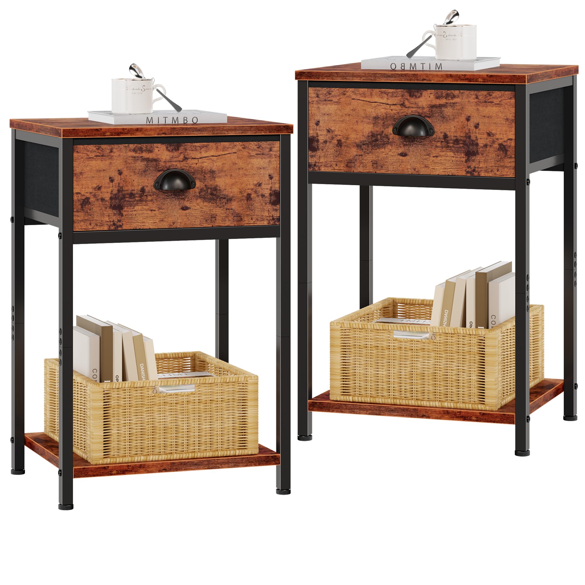Furologee Nightstands Set Of 2, Industrial End Table With Fabric Drawer And Storage Shelf, Retro Bedside Tables Organizer, Side Table For Living Room Bedroom, Rustic Brown