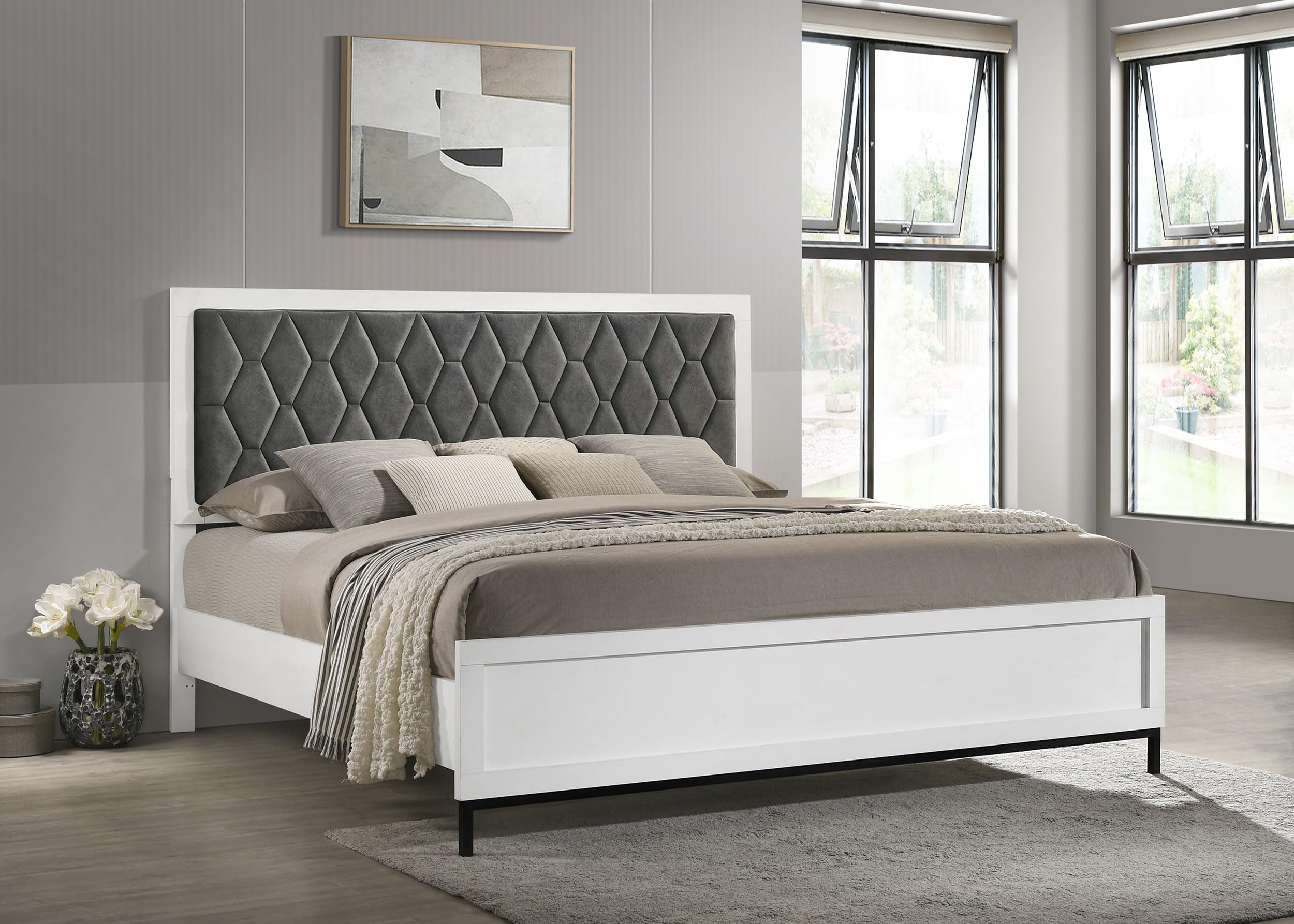 Coaster Home Furnishings Sonora Contemporary Fabric Upholstered Eastern King Size Panel Bed Frame 54-inch Headboard White 224861KE