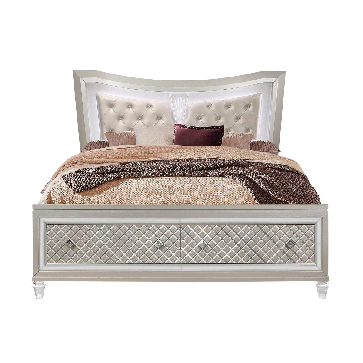 HomeRoots Champagne Tone Queen Bed with Padded Headboard Led Lightning 2 Drawer