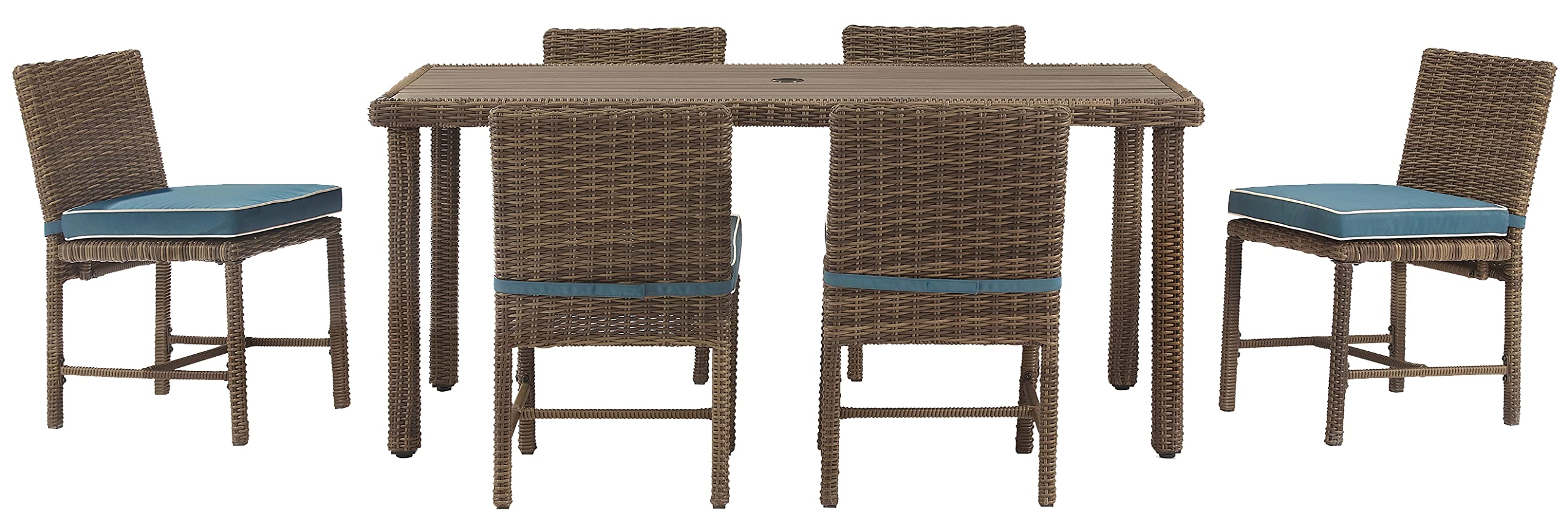 Crosley Furniture Bradenton 7-Piece Outdoor Dining Set For 6, Wicker Patio Table And Chairs For Backyard, Weathered Brown With Navy Cushions