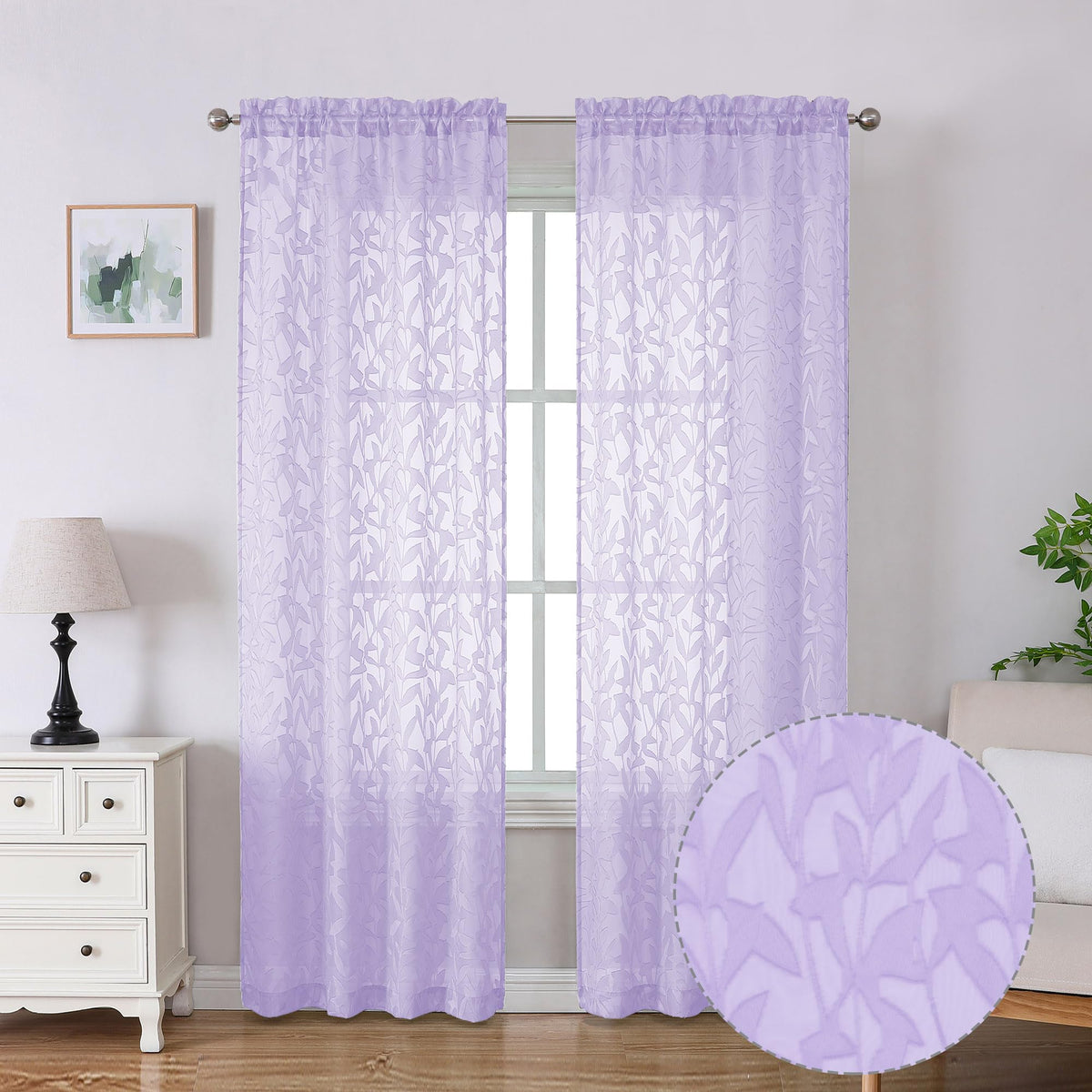 Lecloud Leia Texture Semi Sheer Light Purple Curtains 84 Inches Long 2 Panels, Jacquard Clip Double Rod Pockets Kitchen Window C