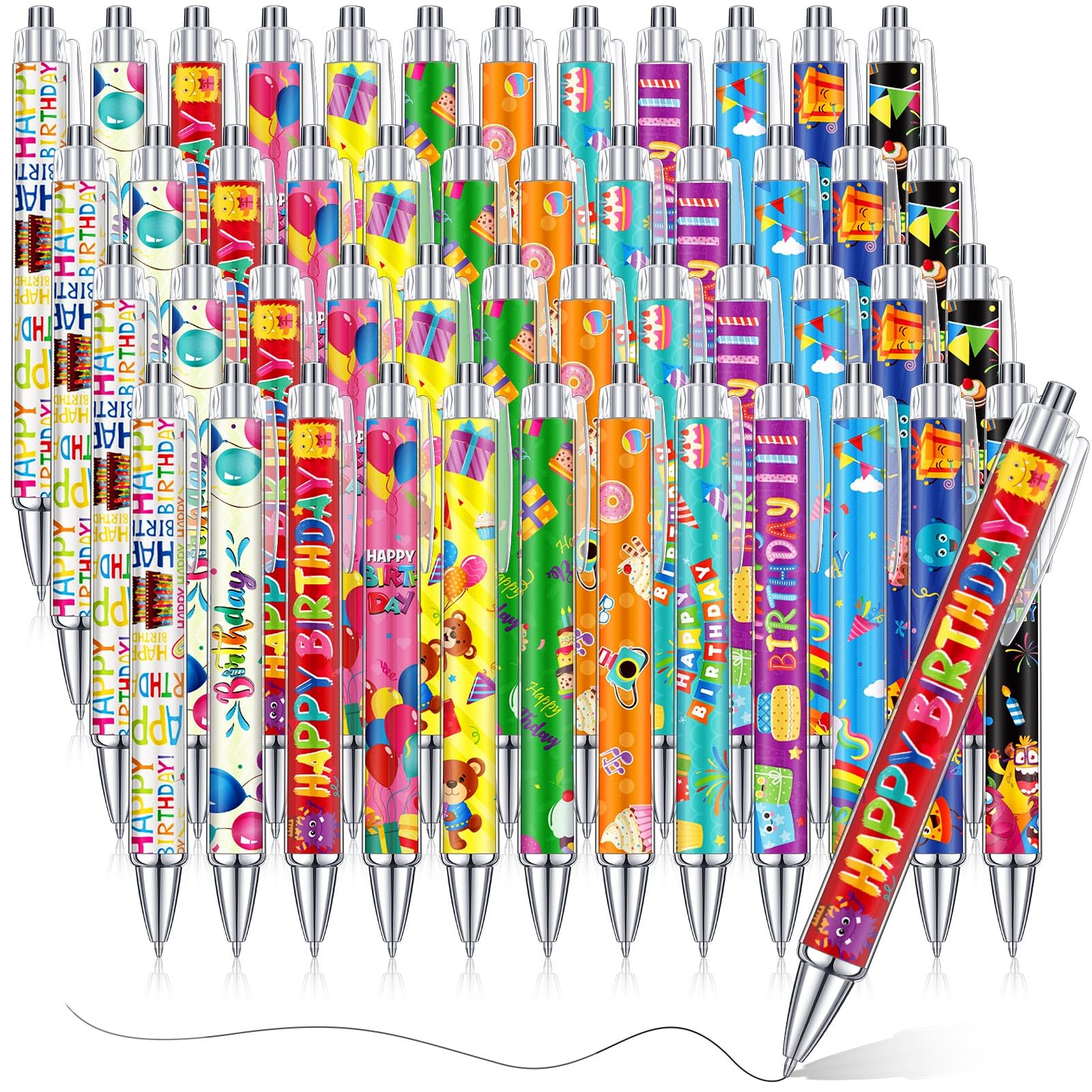 Cholemy 48 Pieces Happy Birthday Pens Bulk Happy Birthday Ballpoint Pens For Students Colorful Cake Balloon Black Ink Gift For C