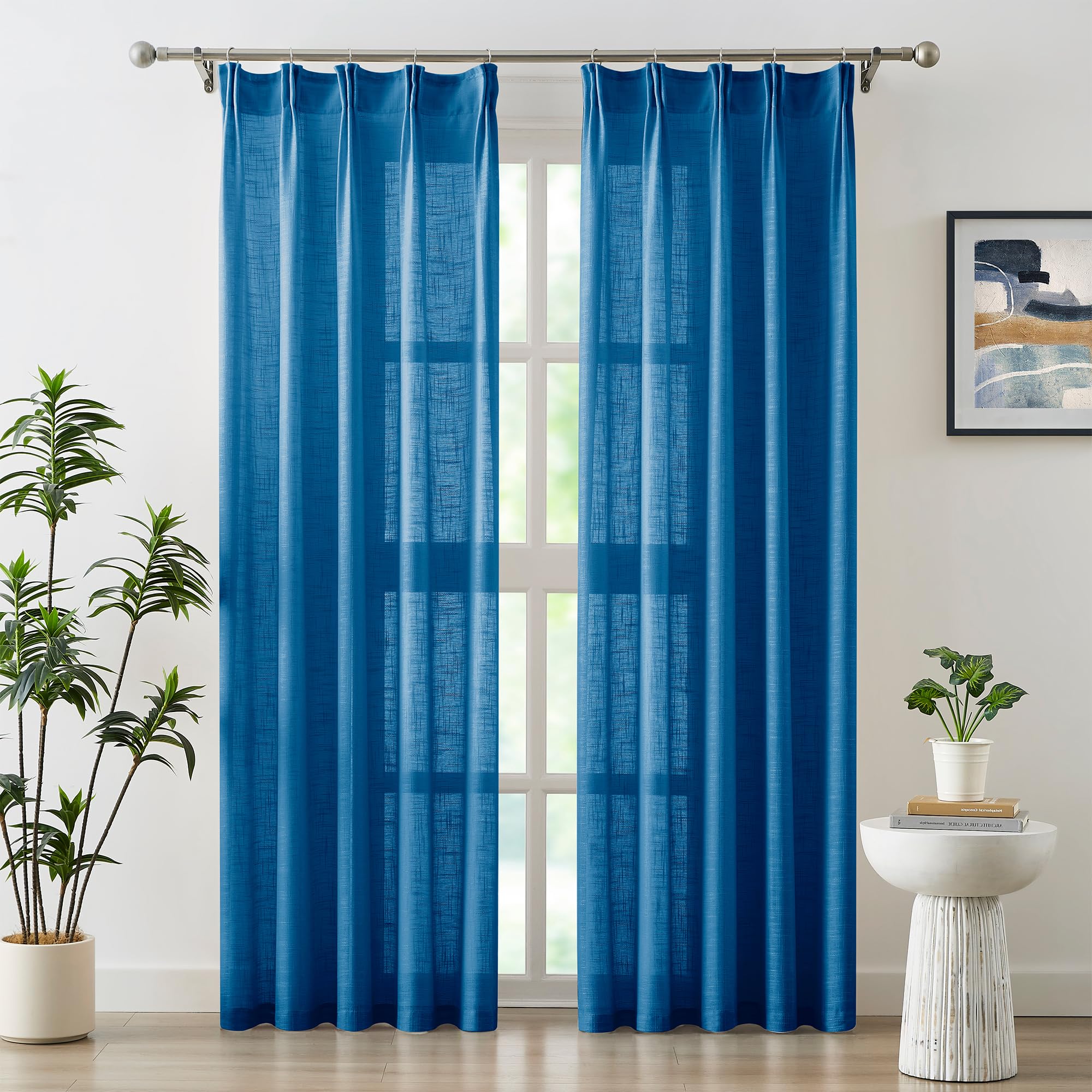 Fmfunctex Linen Navy Blue Semi Sheer Curtains 63 Inches Length For Bedroom Farmhouse Rod Pocket Back Tab Pinch Pleated Window Dr