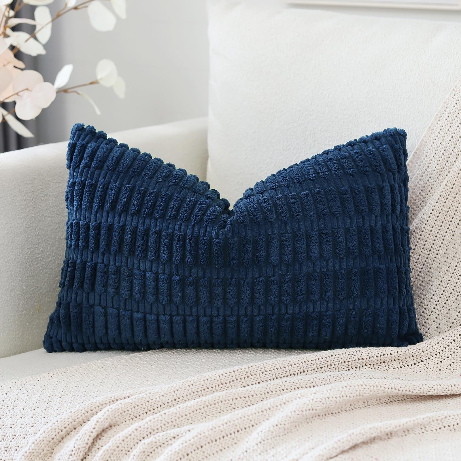 Otostar Corduroy Decorative Throw Pillow Covers 12X20 Inch Super Soft Boho Striped Rectangle Pillow Covers Case Modern Cushion Covers For Sofa Couch Bedroom Car Decor Navy Blue