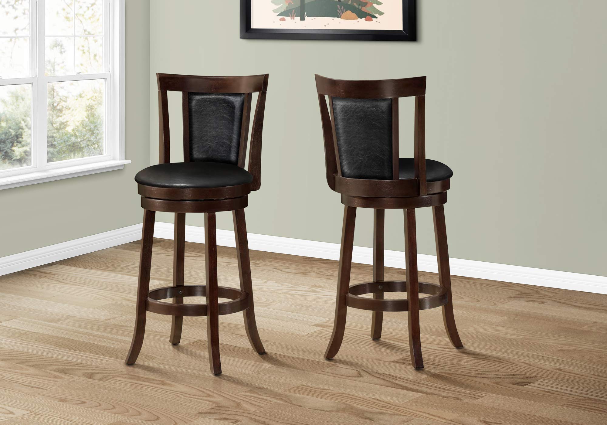 Monarch Specialties I 1287 Wood Swivel Barstools, 43' H, Cappucino/Black Leather-Look