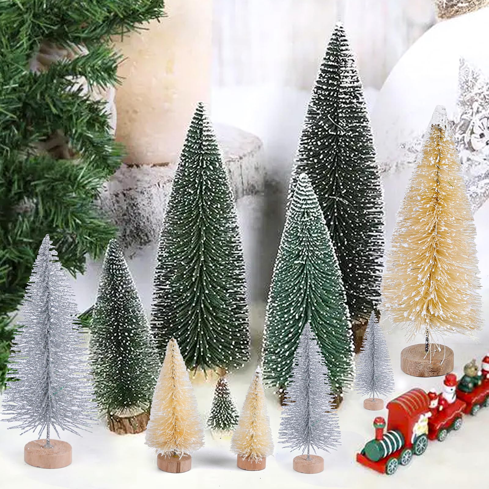 CCINEE 30pcs Christmas Tree Bottle Brush Trees, Miniature Plastic Pine Trees for Crafts Sisal Frosted Mini Christmas Trees Decor