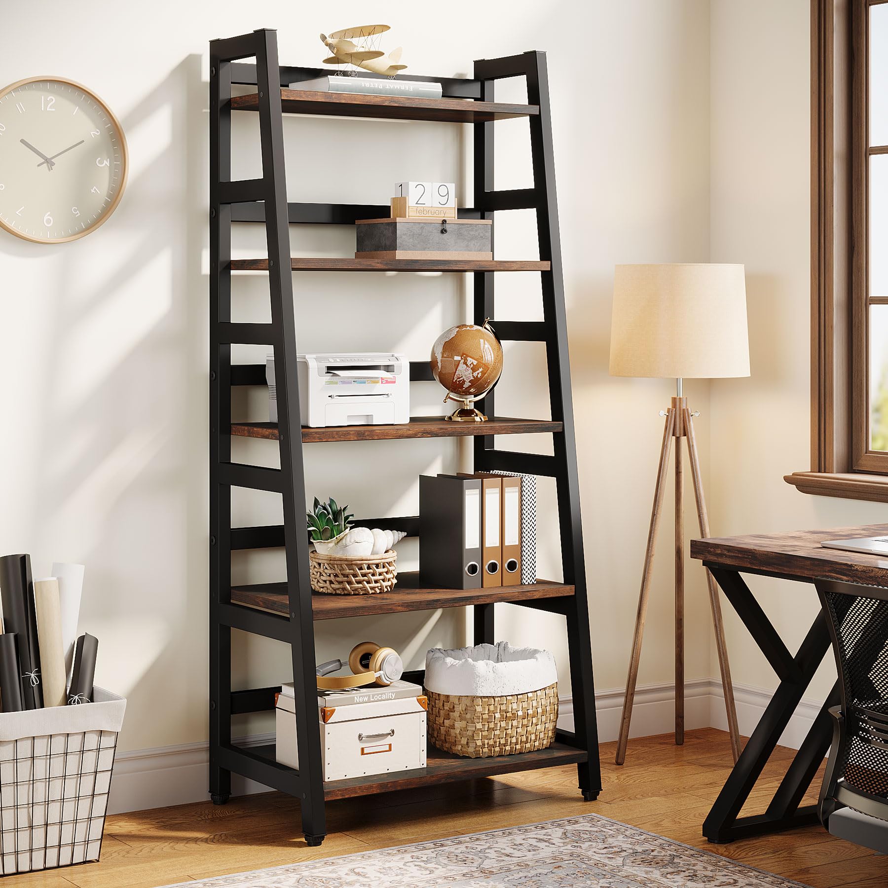 Tribesigns 5-Tier Bookshelf Industrial Bookcase, 5 Shelf Ladder Shelf Book Storage Shelf Organizer For Living Room, Home Office