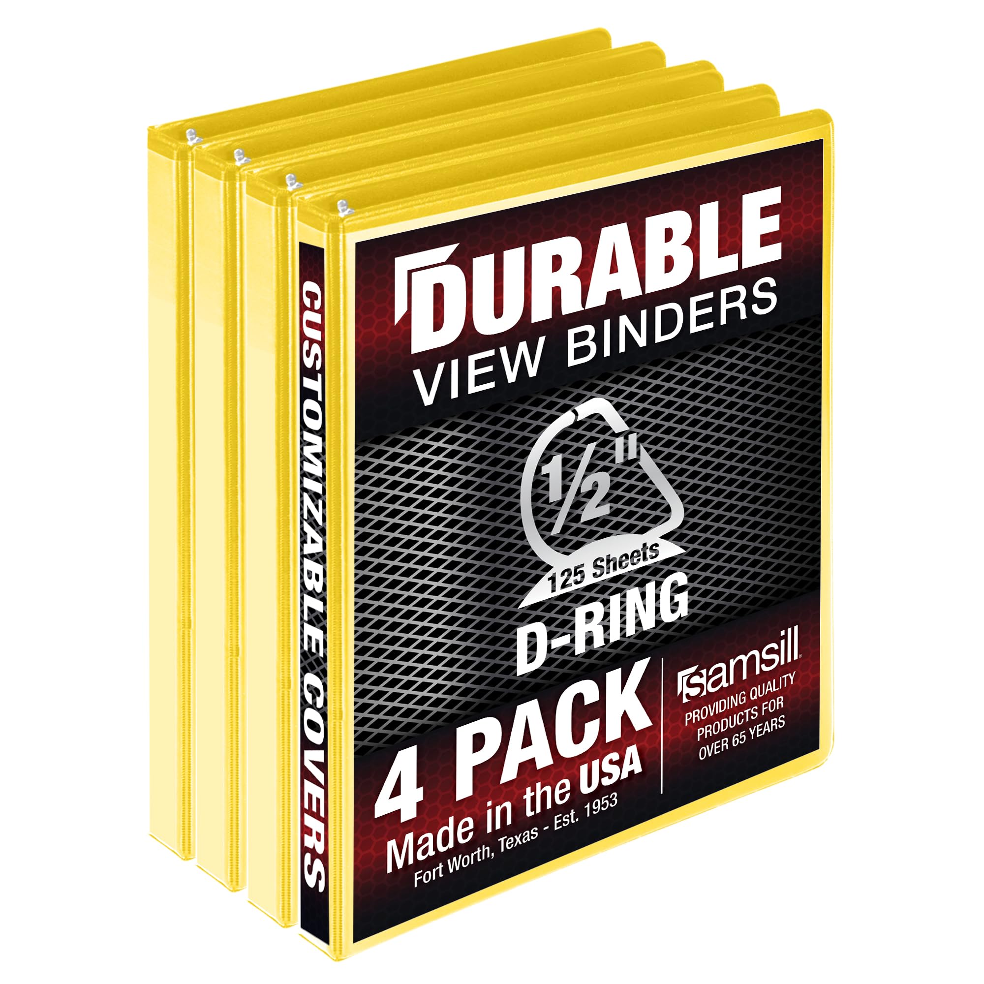 Samsill Durable 0.5 Inch Binder, Made In The Usa, D Ring Binder, Customizable Clear View Binder, Yellow, 4 Pack, Each Holds 125
