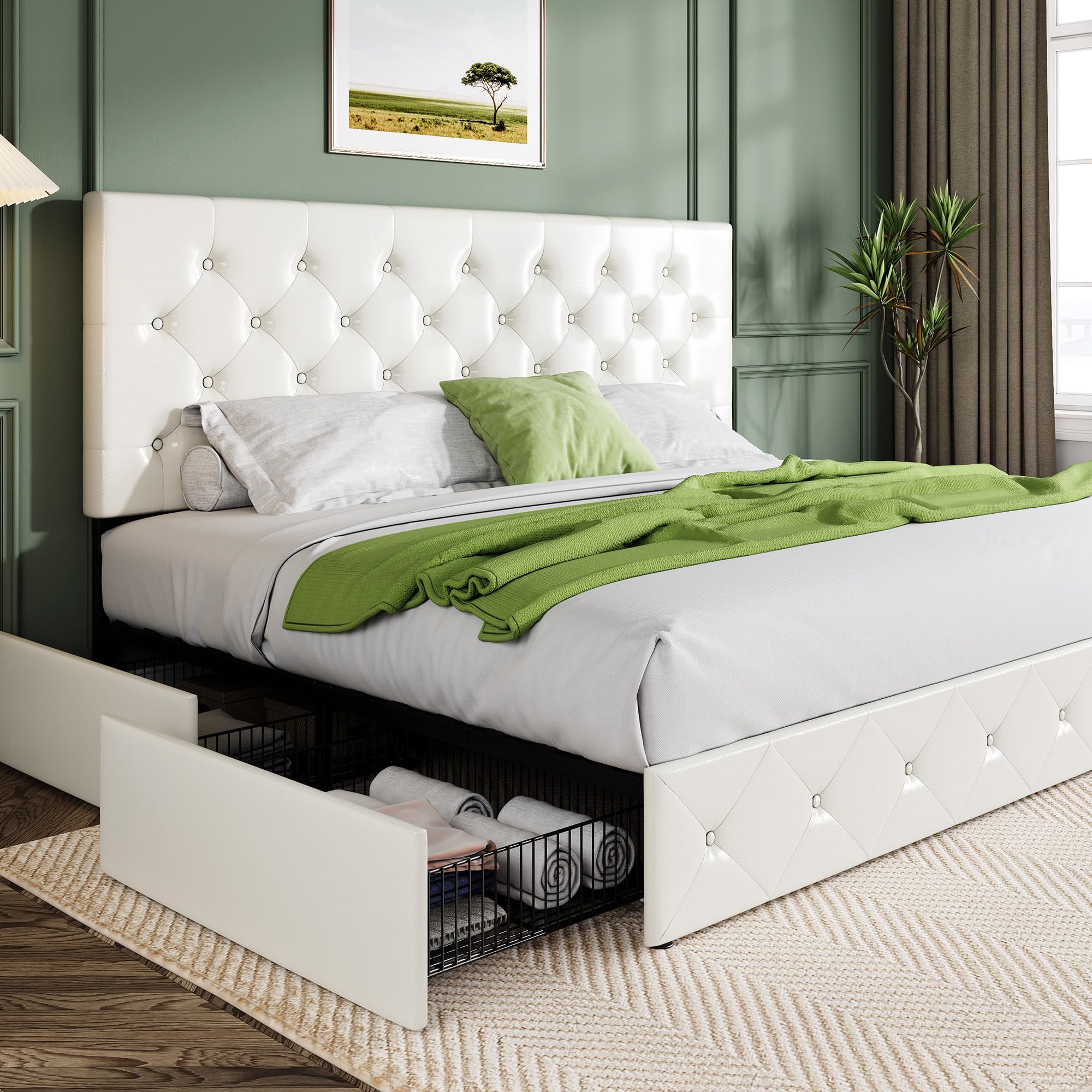 Allewie King Size Platform Bed Frame With 4 Storage Drawers And Headboard/Upholstered Diamond Stitched Button Tufted/Wooden Slats Support/Mattress Foundation/No Box Spring Needed/White