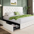 Allewie King Size Platform Bed Frame With 4 Storage Drawers And Headboard/Upholstered Diamond Stitched Button Tufted/Wooden Slats Support/Mattress Foundation/No Box Spring Needed/White