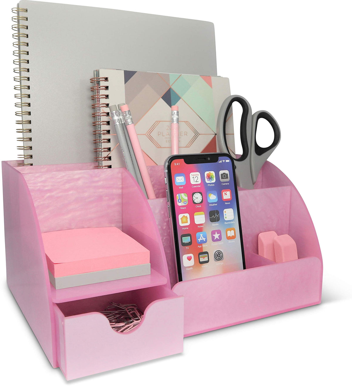 Pink Desk Organizer Office, Acrylic, With Drawer, 9 Compartments, Supplies And Cool Desk Accessories Organizer, Desktop Pen Hold