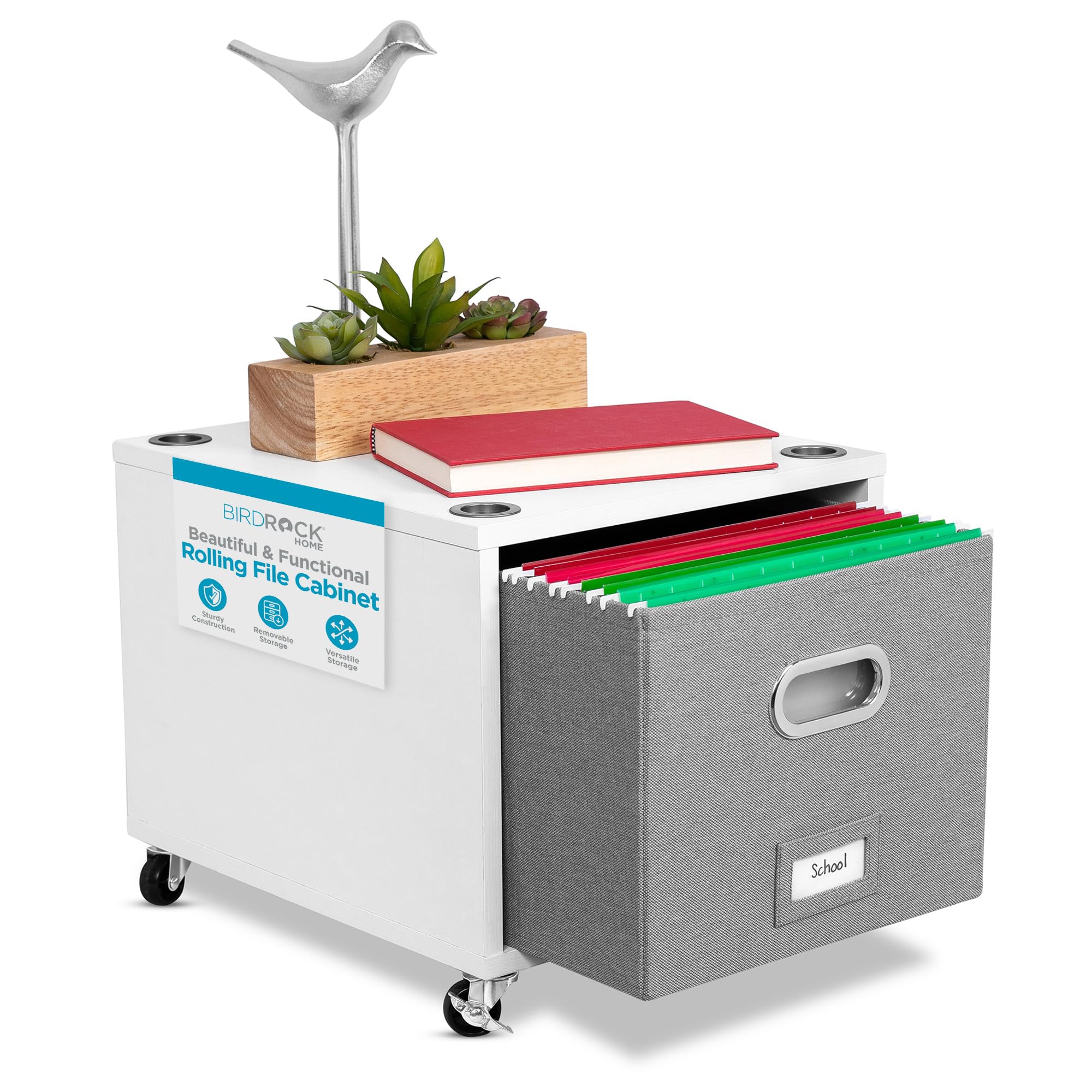 Birdrock Home Rolling File Cabinet – Decorative Storage Shelf W/Removable Bins, Handles, And Wheels – Organize Files, Books, Toys, Under Desk Office Solution, Modern Design - 1 Lateral Drawer, White