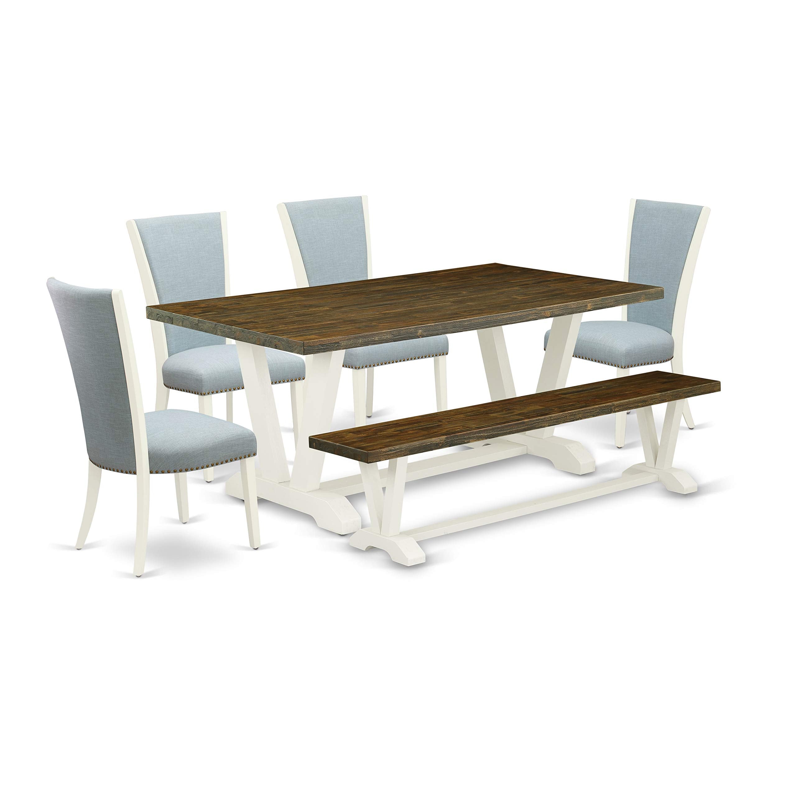 East West Furniture V-Style 6 Piece Dining Set Contains a Rectangle Kitchen Table with V-Legs and 4 Baby Blue Linen Fabric Parson Chairs with a Bench, 40x72 Inch, Multi-Color