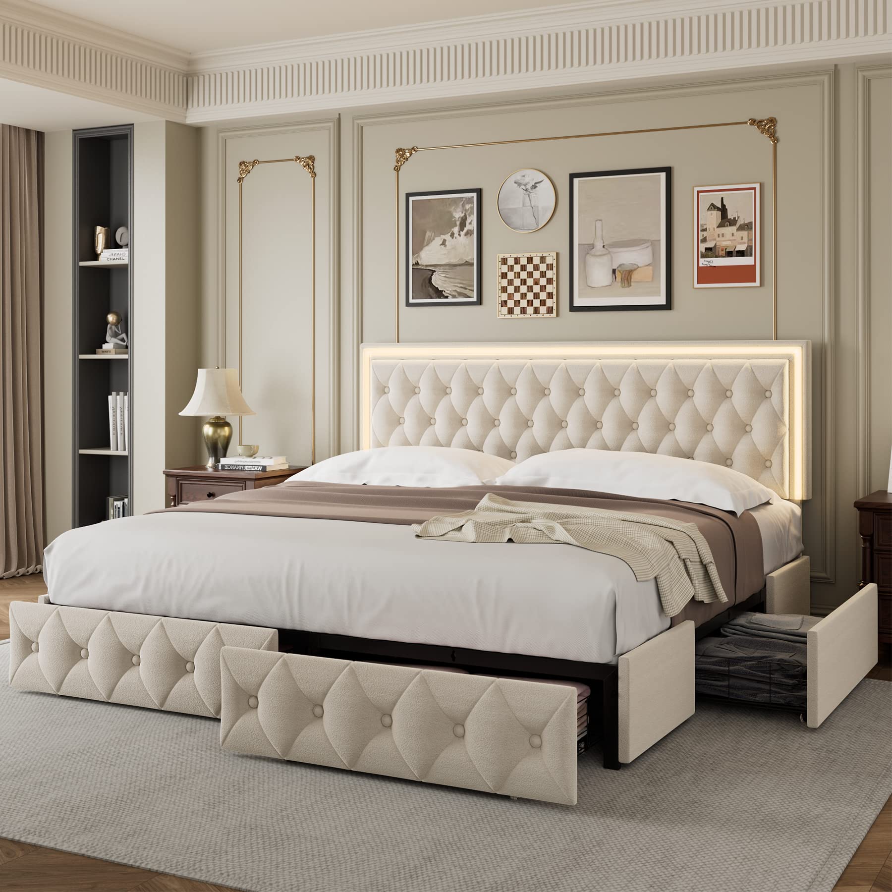Keyluv King Upholstered Led Bed Frame With 4 Drawers, Velvet Platform Storage Bed With Adjustable Button Tufted Headboard And Solid Wooden Slats Support, No Box Spring Needed, Beige