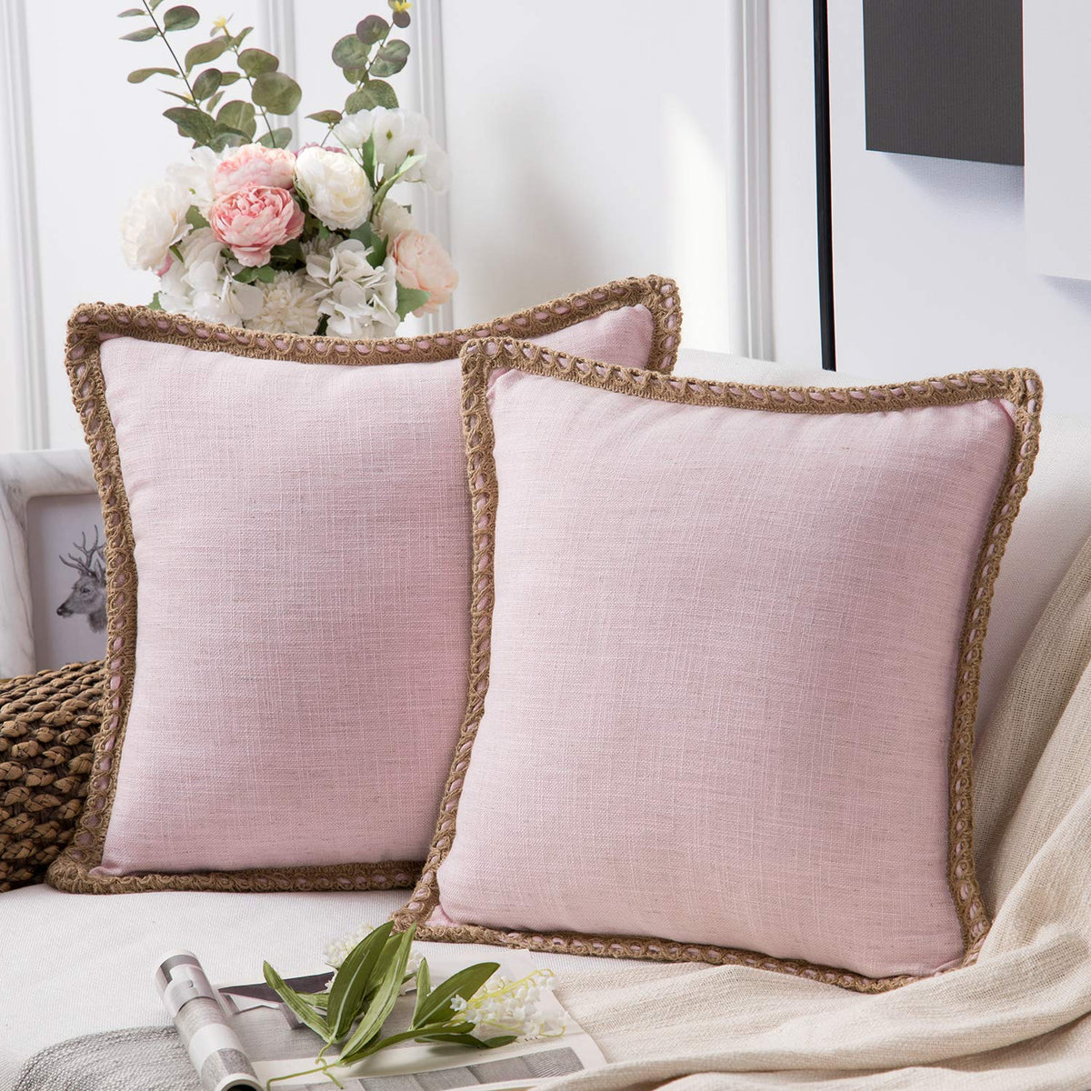 Phantoscope Pack Of 2 Farmhouse Decorative Throw Pillow Covers Burlap Linen Trimmed Tailored Edges Light Pink 18 X 18 Inches, 45 X 45 Cm