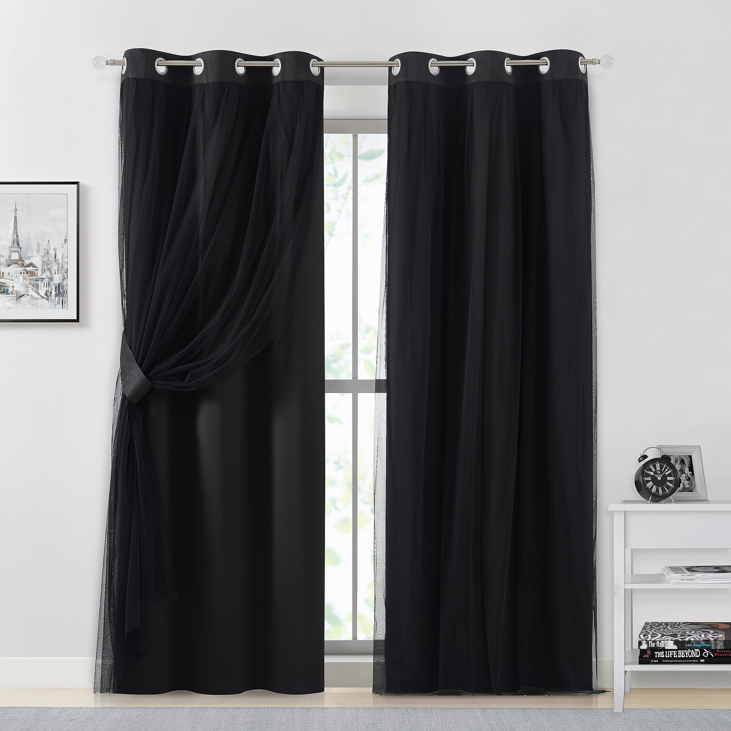 Bujasso Black Full Blackout Curtain Panels With Sheer Overlay Mix And Match Double Layer Thermal Insulated Window Treatment Set