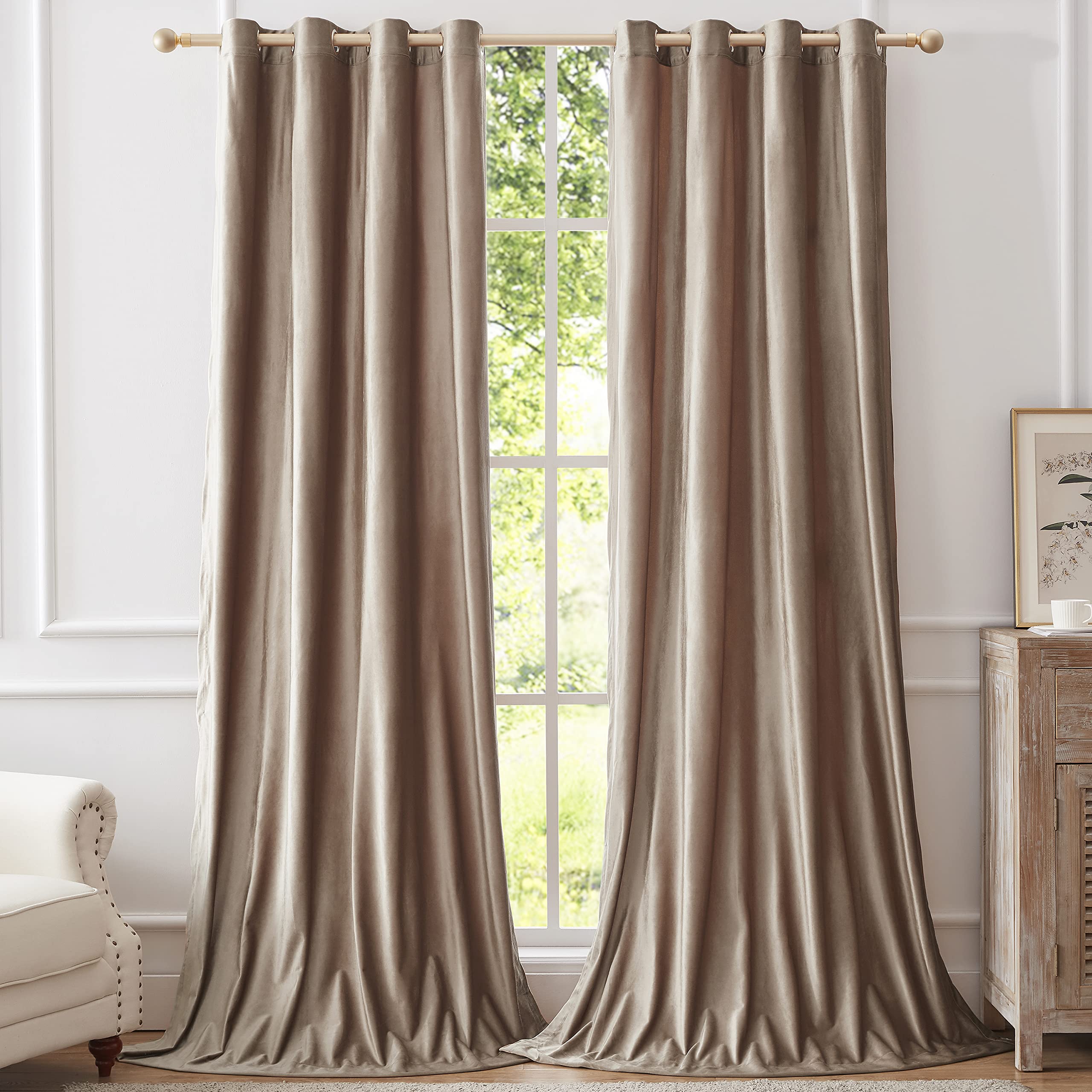 Bulbul Velvet Curtains 108 Inch Length- Living Room Taupe Blackout Window Drapes Curtains Thermal Insulated Room Darkening Decor