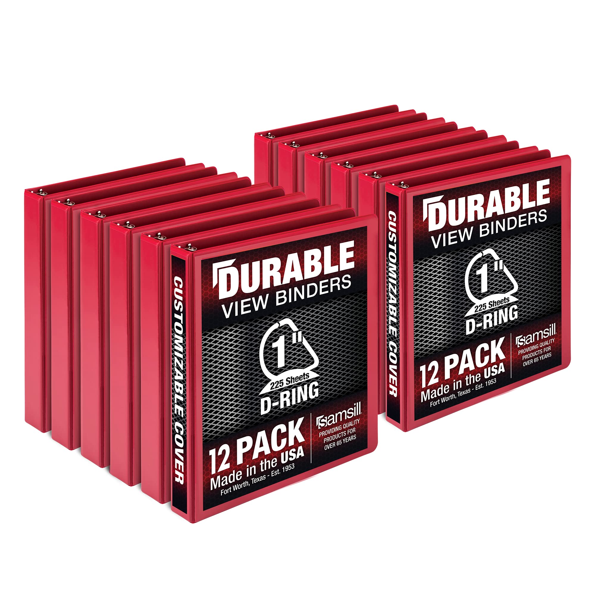 Samsill Durable 1 Inch Binder, Made In The Usa, D Ring Binder, Customizable Clear View Cover, Red, 12 Pack, Each Holds 225 Pages