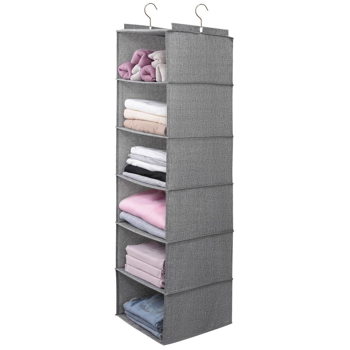 tulinstiraga Large Hanging Sweater Organizer for Closet,Collapsible 6Shelf Hanging Closet Shelves with Drawers, Washable (Grey
