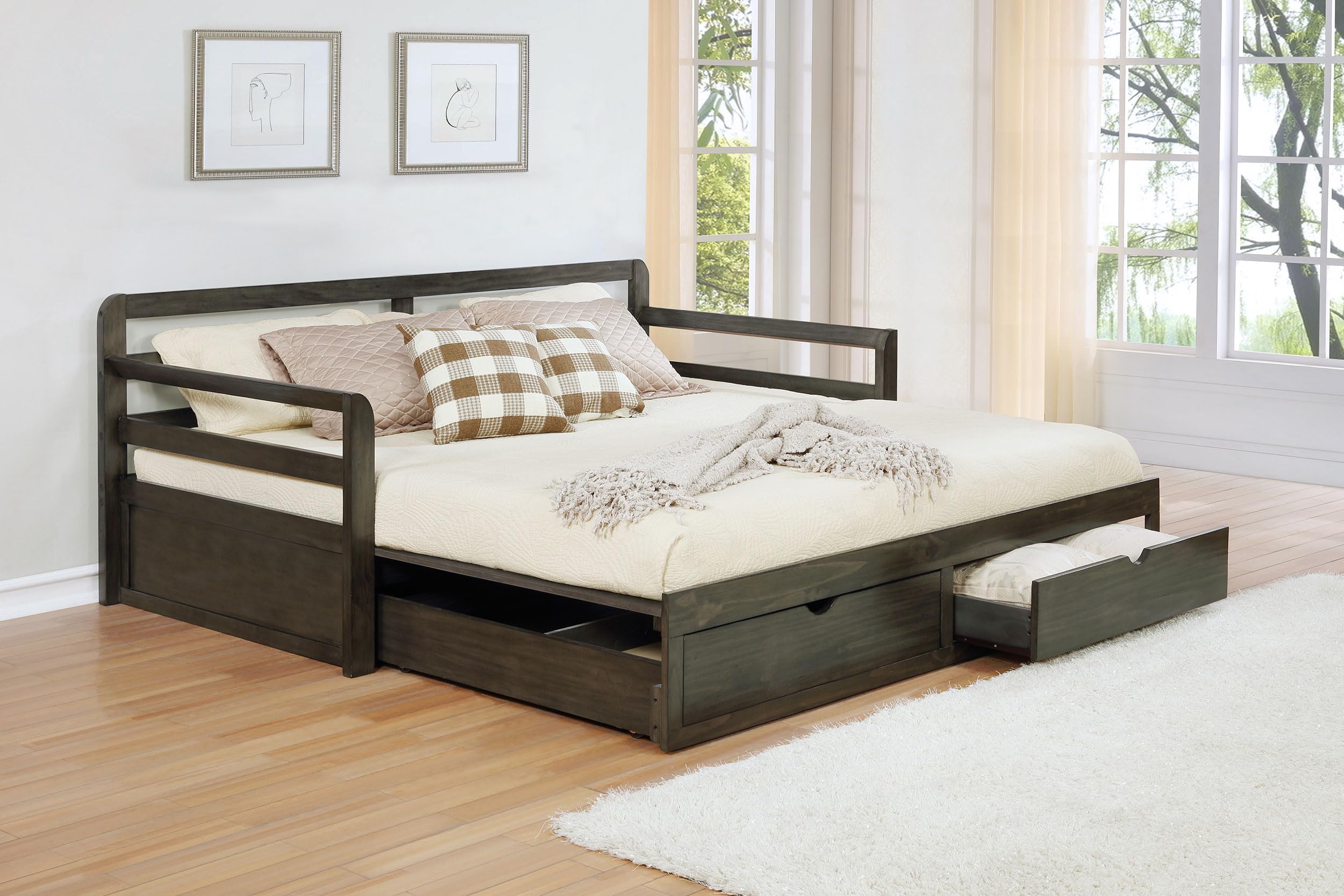 Coaster Home Furnishings Sorrento Farmhouse Wood Twin XL Size Daybed with Extension Trundle for Guestroom 34-inch Headboard Bedroom Lounger Grey 305706