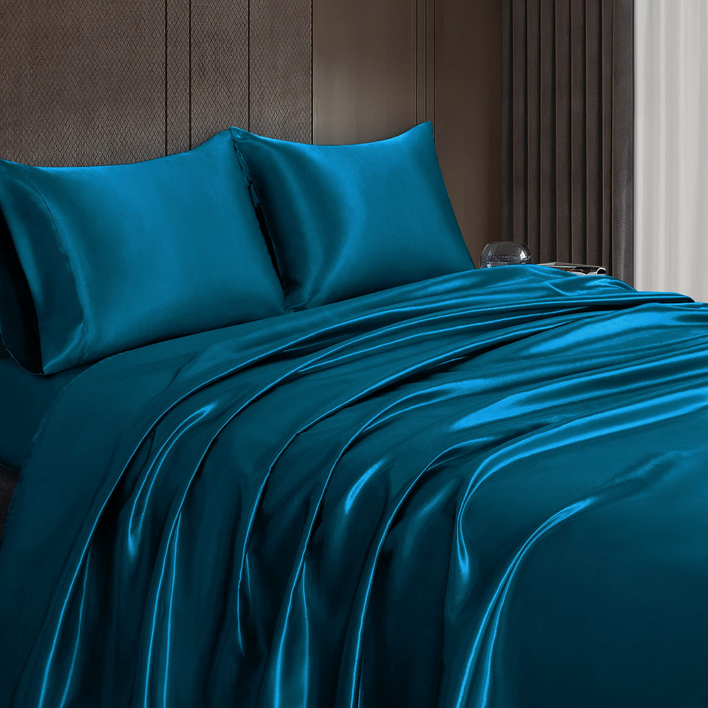 Homiest 4Pcs Satin Sheets Set Luxury Silky Satin Bedding Set With Deep Pocket, 1 Fitted Sheet + 1 Flat Sheet + 2 Pillowcases (King Size, Dark Teal)