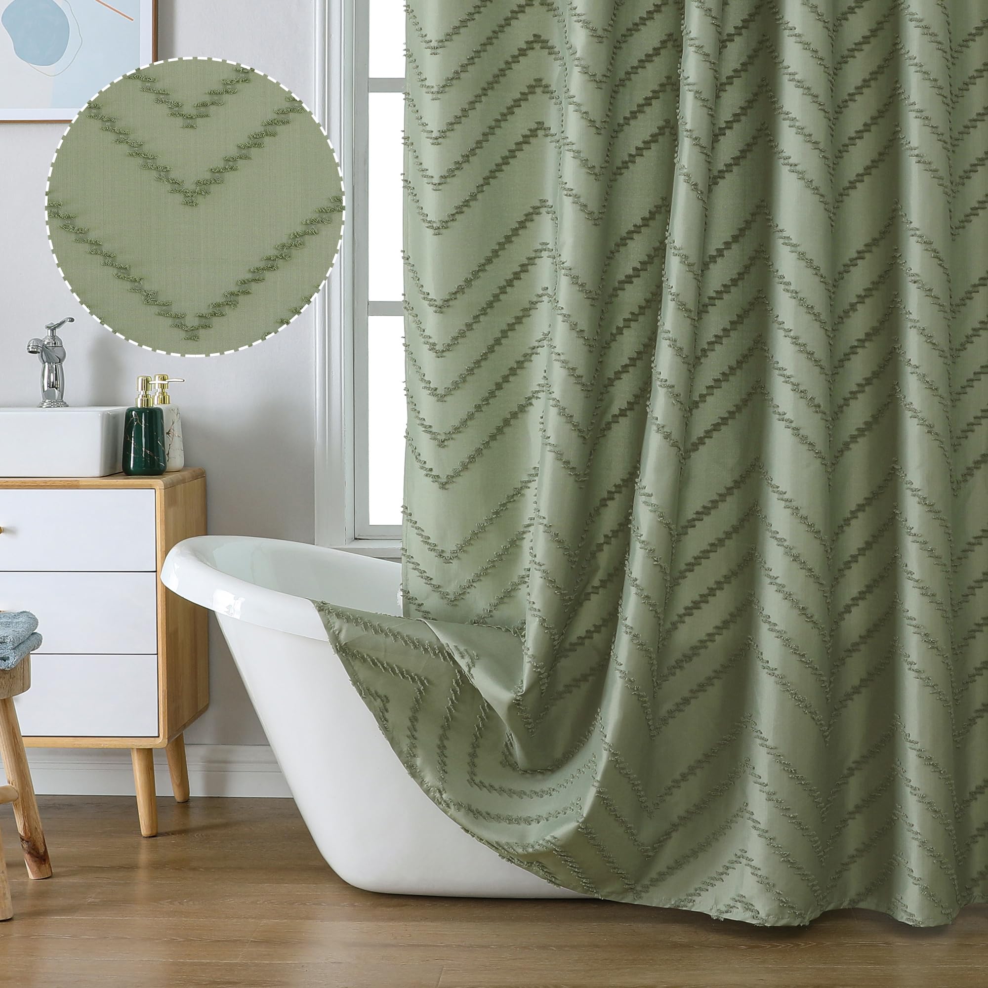 Chyhomenyc Chevron Extra Long Light Sage Green Boho Shower Curtain Set 72X78 Inches, Fabric Shower Curtain Modern Farmhouse Chic