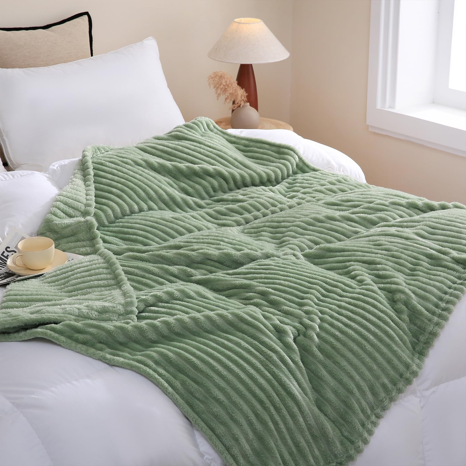 Linecooo Sage Green Fleece Throw Blanket 108     90    For Couch Sofa Bed,Super Soft Cozy Plush Microfiber Flannel Blanket With