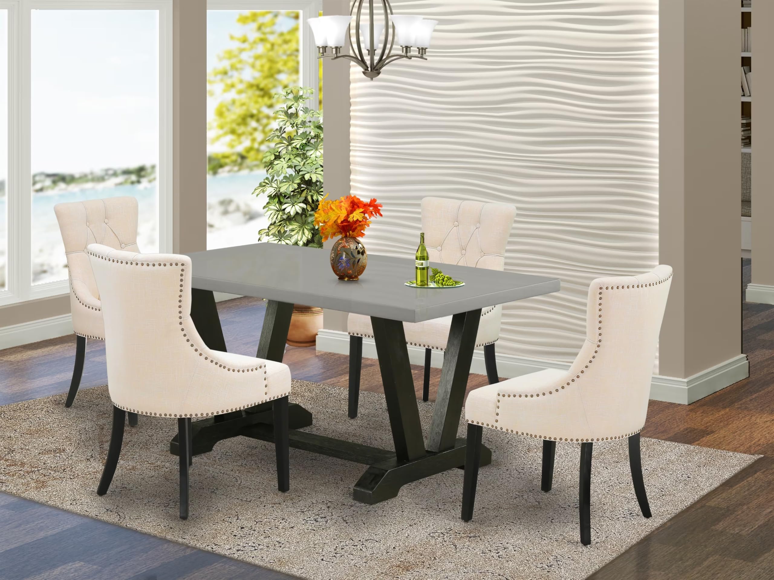 East West Furniture V696Fr102-5 5 Piece Dinette Set For 4 Includes A Rectangle Dining Table With V-Legs And 4 Light Beige Linen Fabric Parson Dining Room Chairs, 36X60 Inch, Multi-Color