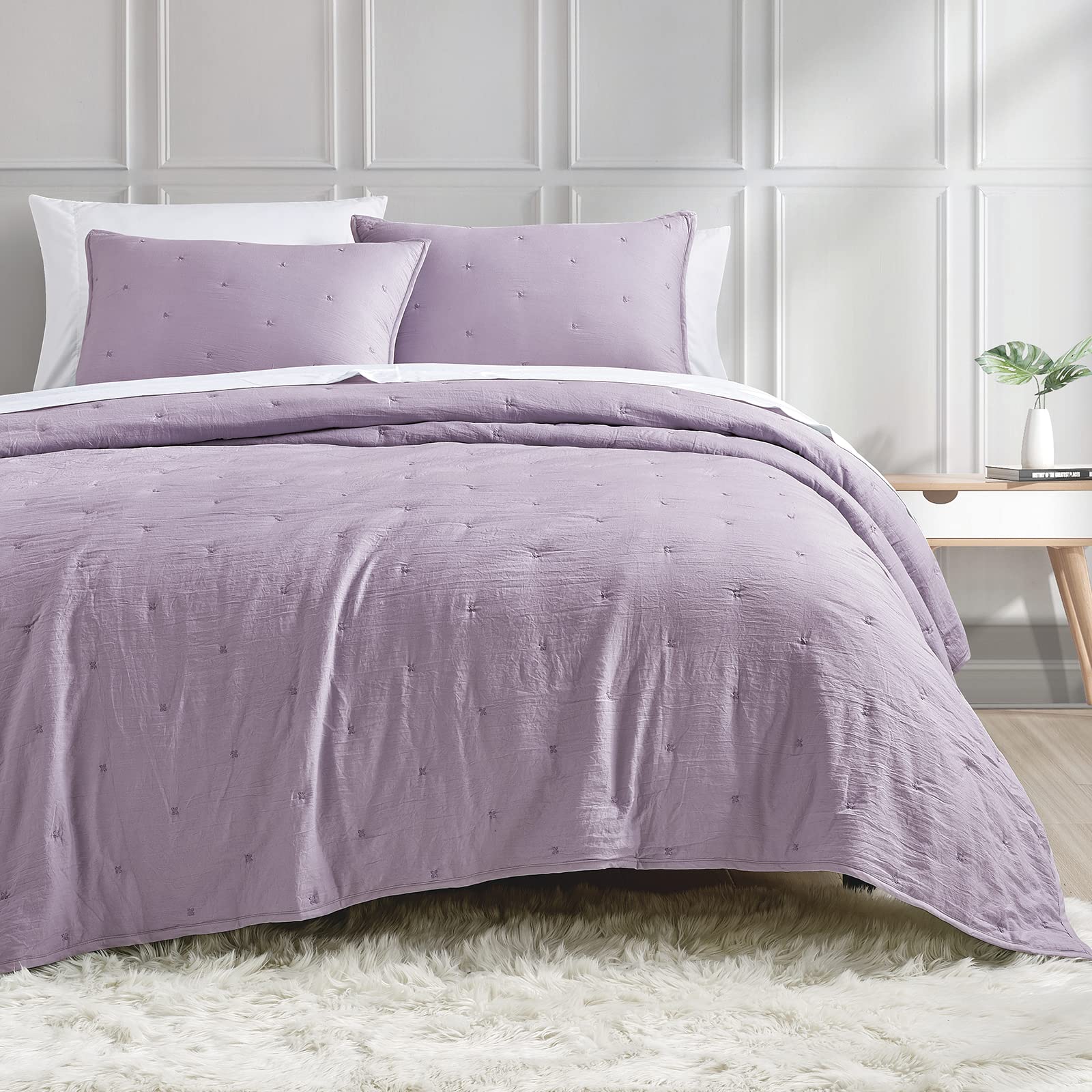 Bourina Embroidery Quilt Set 3-Piece King Quilt Set Pre-Washed Microfiber Ultra Soft Lightweight Star Embroidery Bedspread Cover