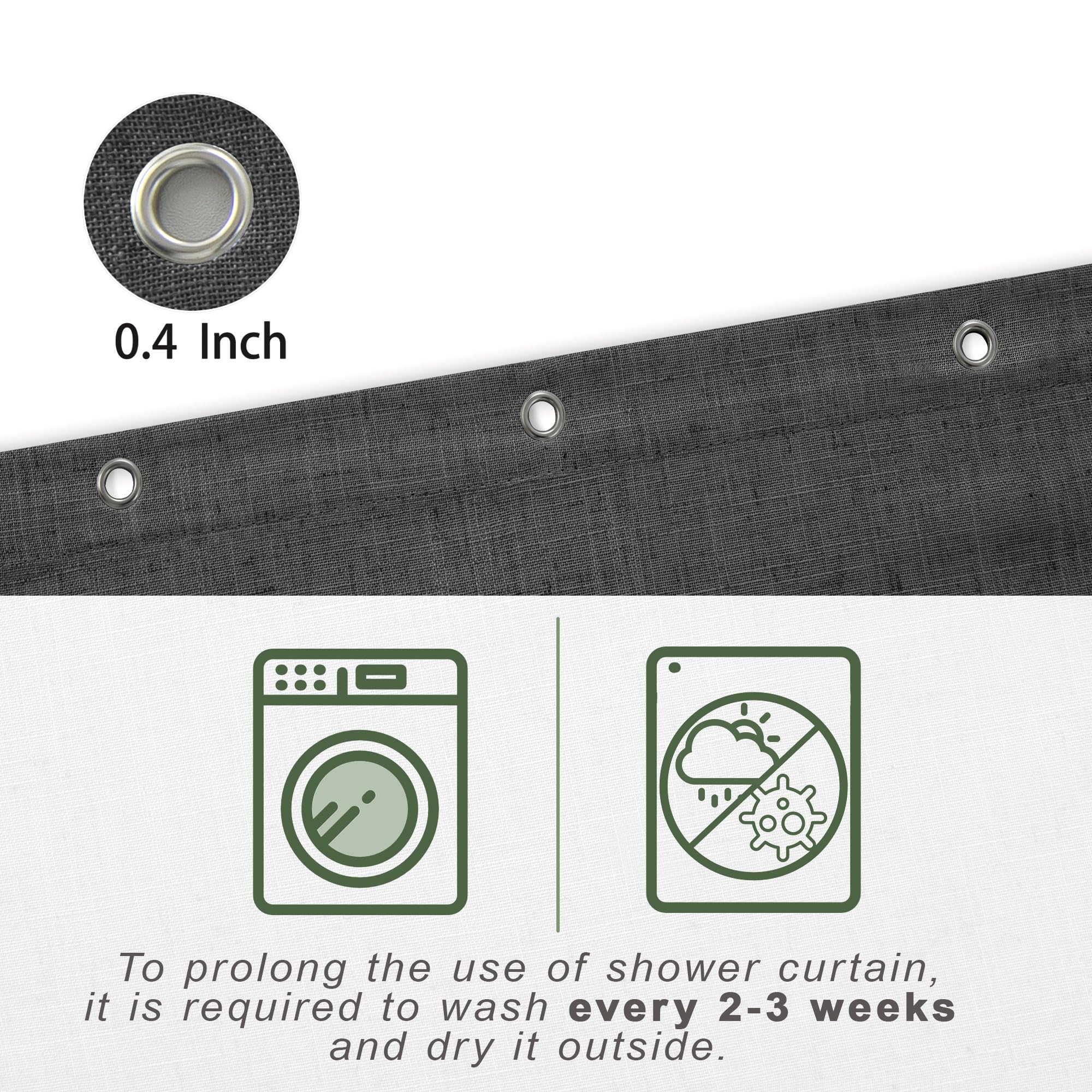 Koufall Dark Grey Waterproof Linen Fabric Shower Curtain For Bathroom 72X84 Inches Long