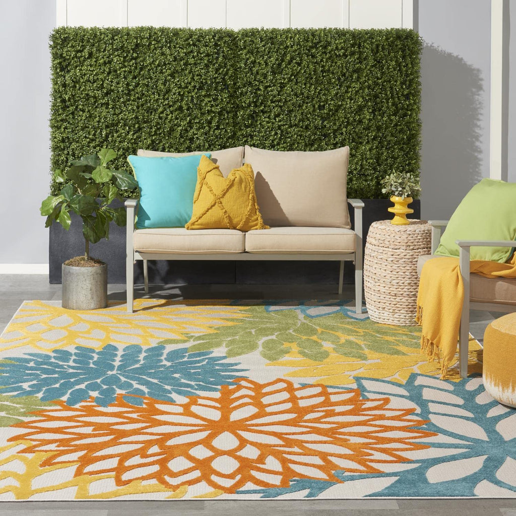 Nourison Aloha Indoor/Outdoor Floral Turquoise Multicolor 7'10' X 10'6' Area Rug, (8' X 11')