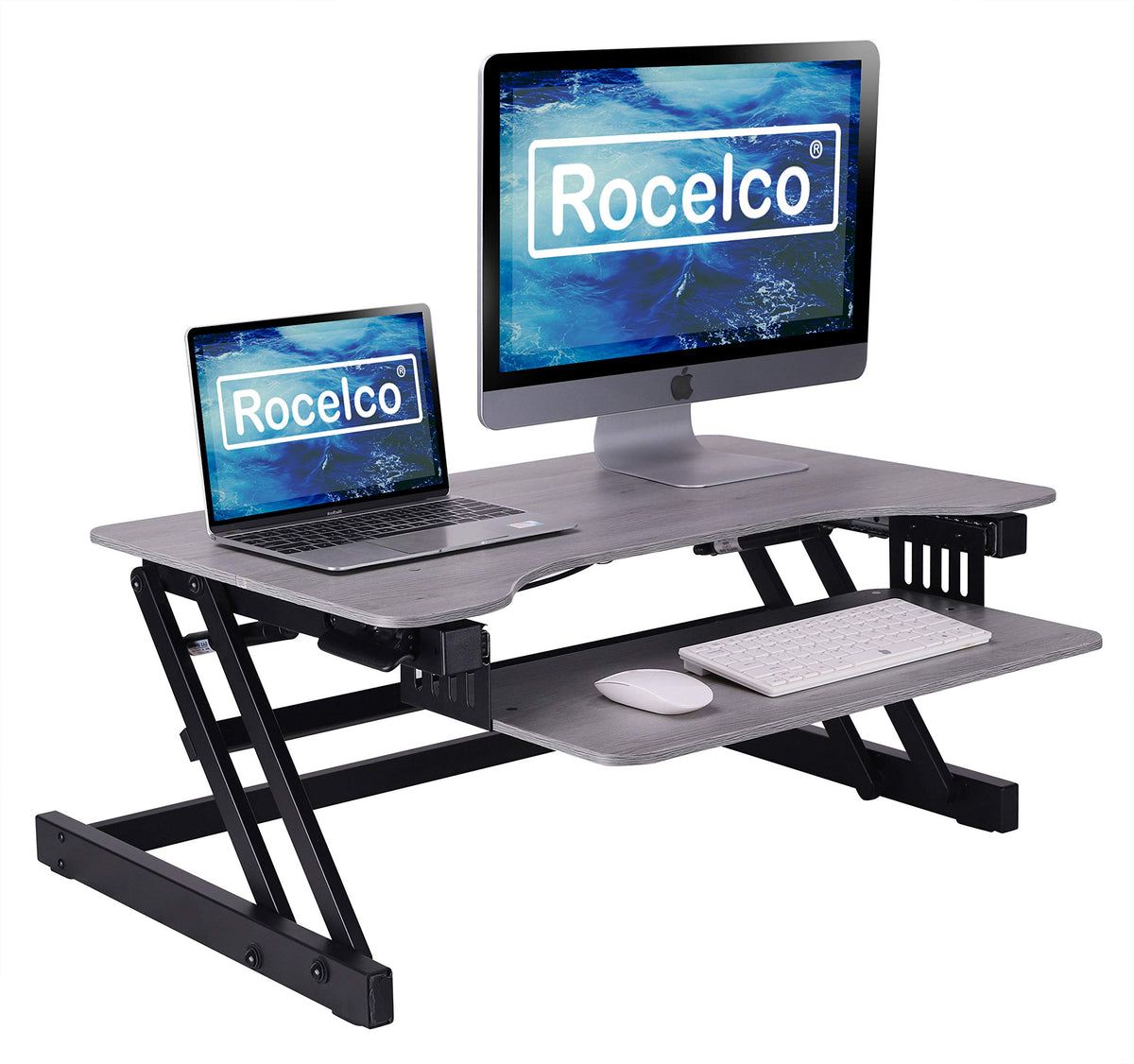 Rocelco 32&quot; Height Adjustable Standing Desk Converter - Quick Sit Stand Up Dual Monitor Riser - Gas Spring Assist Tabletop Computer Workstation - Large Retractable Keyboard Tray - Grey (R ADRG)