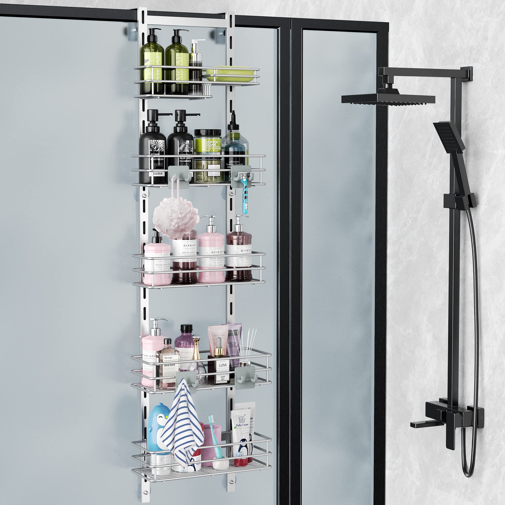Orimade Over the Door Shower Caddy Adjustable 5 Tier Silver Grey,Bathroom Hanging Organizer Shelf Rustproof with 4 Hooks,Shower 