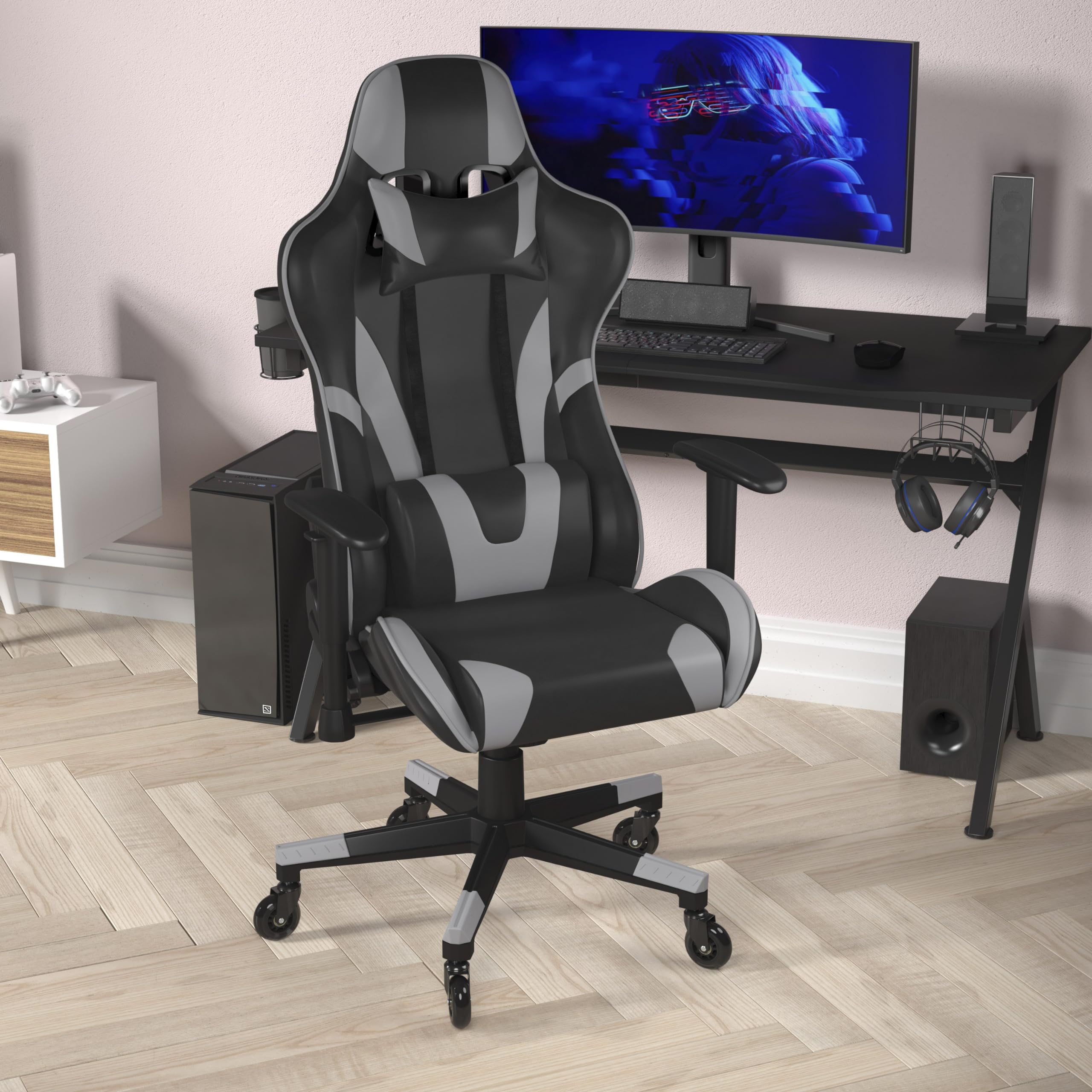 Flash Furniture X20 Gaming Chair Racing Office Computer Pc Adjustable Chair - Gray Leathersoft Upholstery - Reclining Back - Roller Wheels