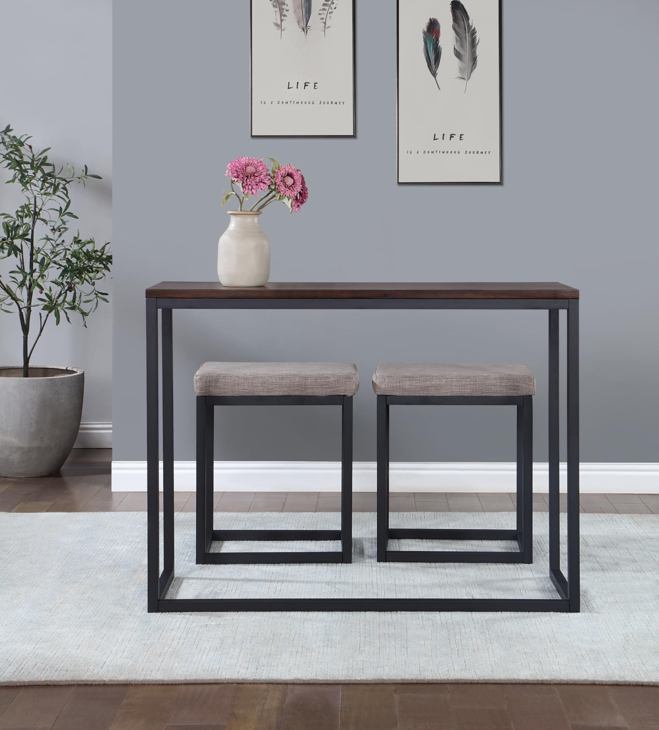 Steve Silver Furniture Yukon Counter Bar, with 2 Stools, Modern Transitional, Small Dining Table, Desk, Iron Sled Base, Kitchen Dining Room, Hall Piece, Apartment, 16 x 48 x 36 inches, Brown