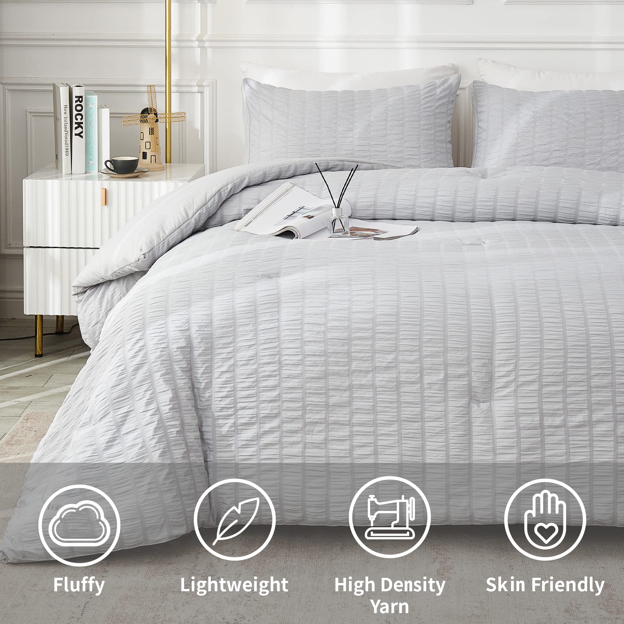 Avelom Light Gray Seersucker California King Comforter Set (104X96 Inches), 3 Pieces-100% Soft Washed Microfiber Lightweight Comforter With 2 Pillowcases, All Season Down Alternative Bedding Set