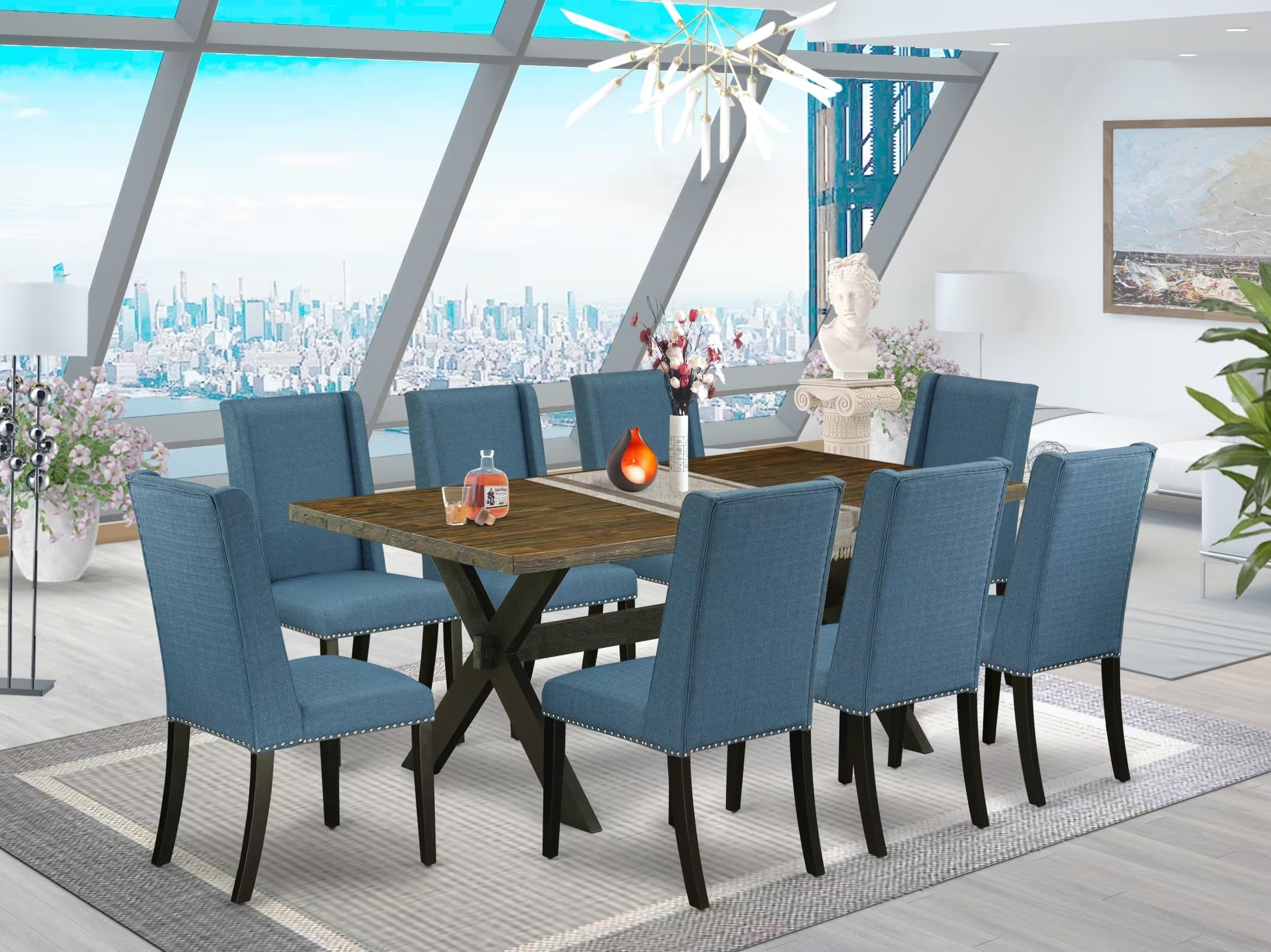 East West Furniture X677Fl121-9 9 Piece Dining Room Furniture Set Includes A Rectangle Dining Table With X-Legs And 8 Blue Linen Fabric Upholstered Chairs, 40X72 Inch, Multi-Color