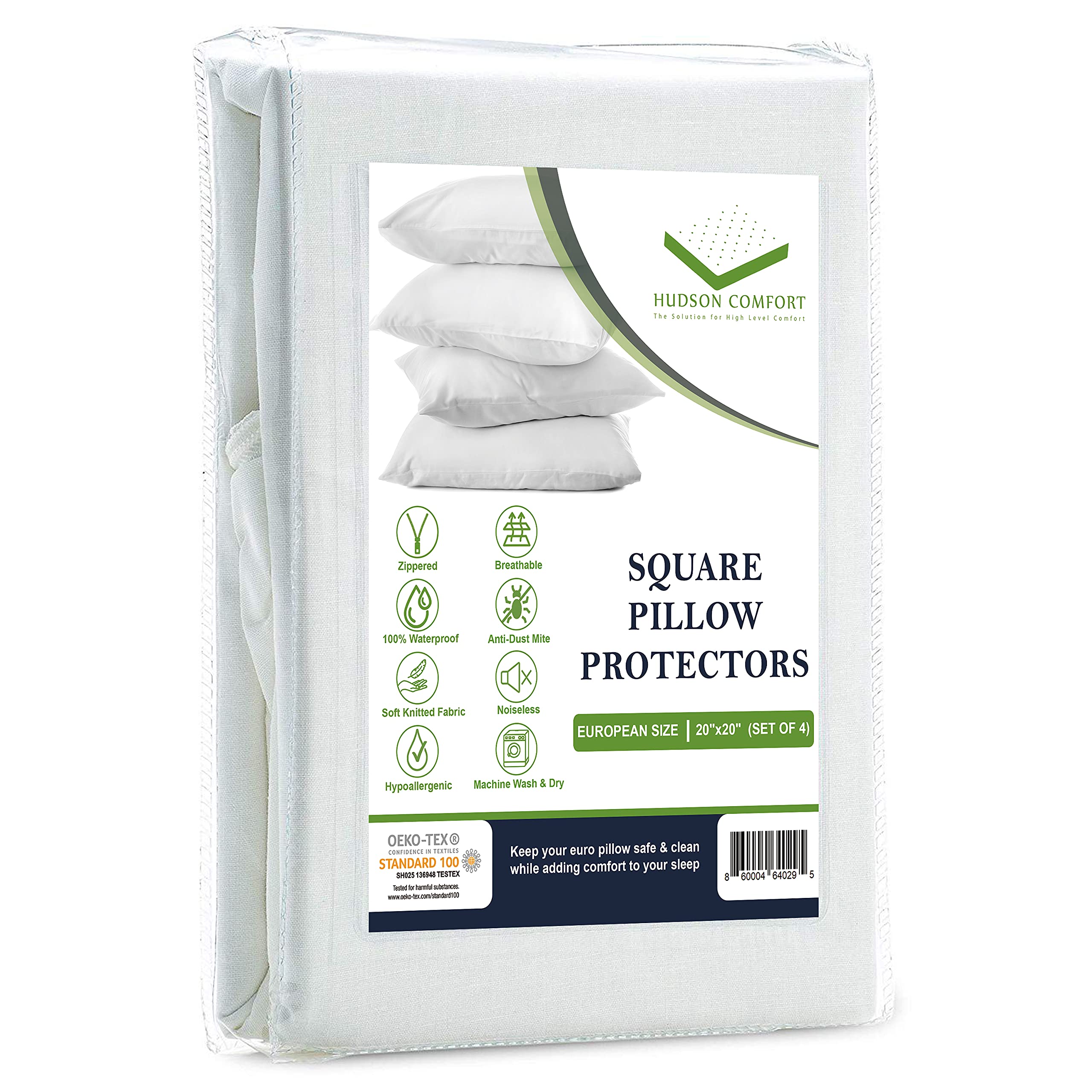 Hudson Comfort 20X20 Pillow Protectors - 100% Waterproof, Prevents Feathers From Popping, European Square Zippered Pillow Covers
