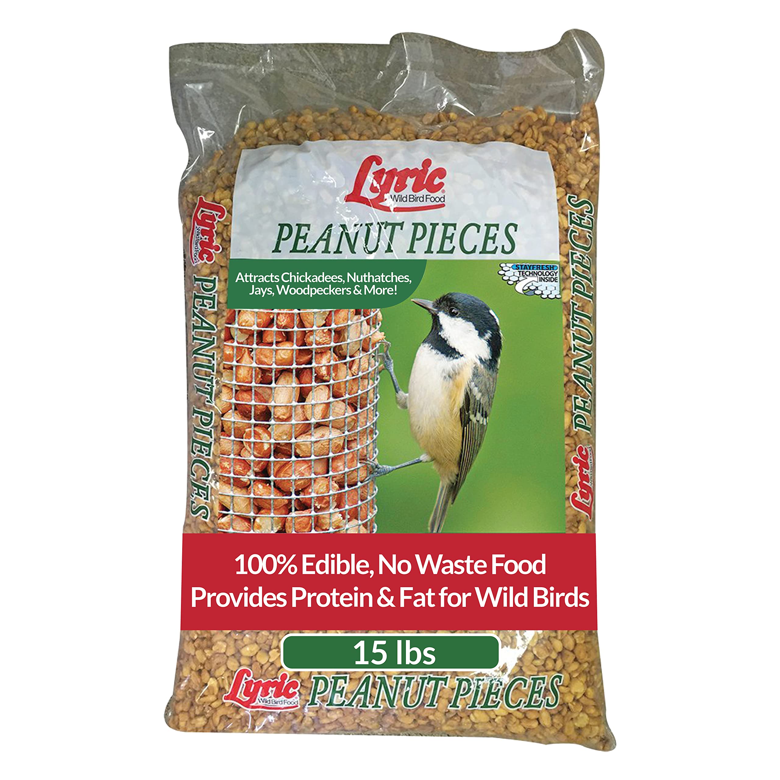 Lyric Peanut Pieces Wild Bird Seed - No Waste Bird Food - Attracts Titmice, Woodpeckers, Chickadees & More - 15 Lb Bag