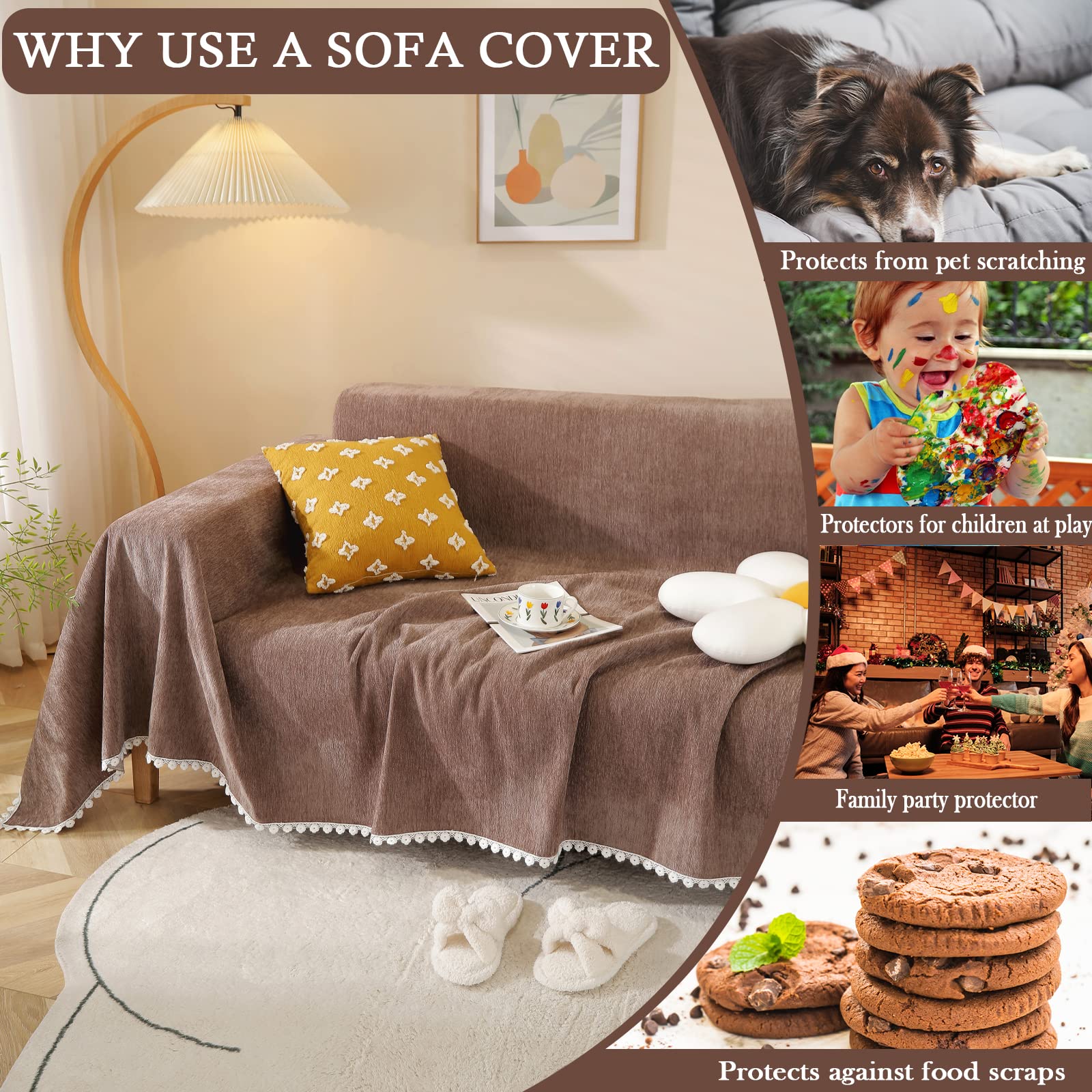 Handontime Brown Sofa Covers Simple Couch Cover For Pet White Floral Couch Cushion Covers For L Shape Chocolate Sofa Throw Cover Sectional Couch Covers For Living Room Machine Washable, 71' X134'