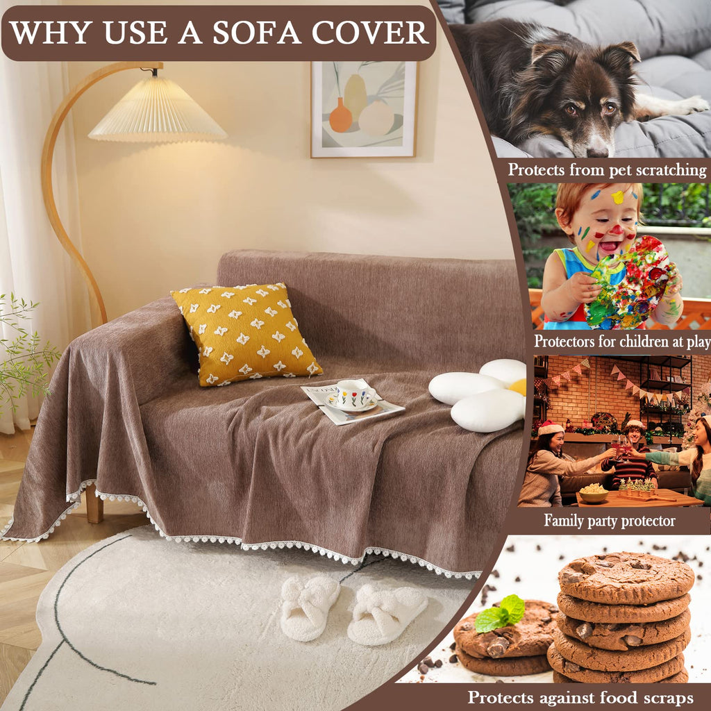 Handontime Brown Sofa Covers Simple Couch Cover For Pet White Floral Couch Cushion Covers For L Shape Chocolate Sofa Throw Cover Sectional Couch Covers For Living Room Machine Washable, 71' X150'