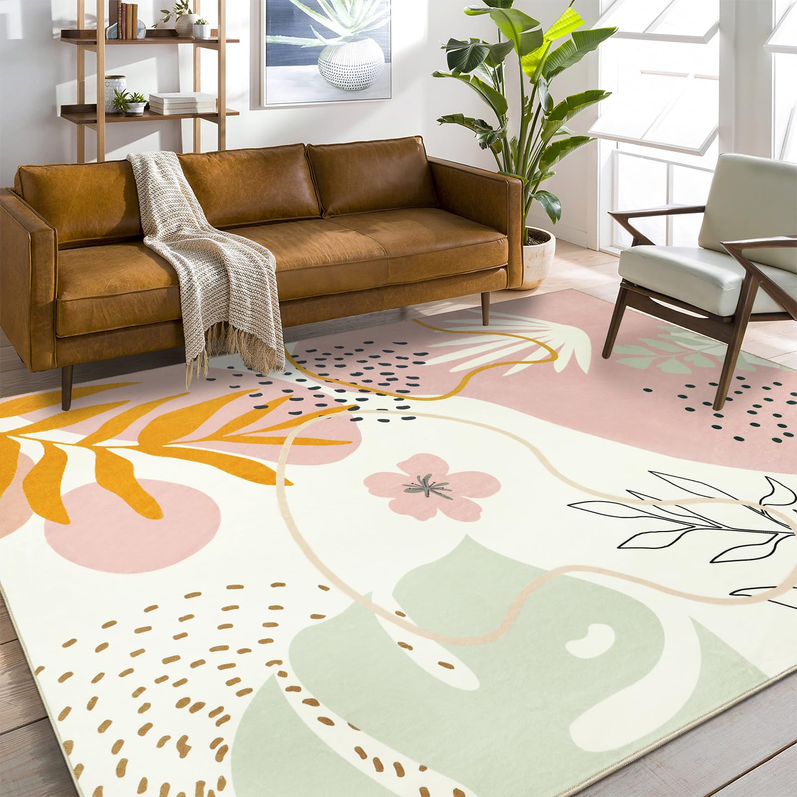 Capslpad Area Rugs 8x10, Boho Rug for Living Room, Washable Rugs, Low Pile Soft Non-Shedding, Pink Botanical Print Rug for Bedro