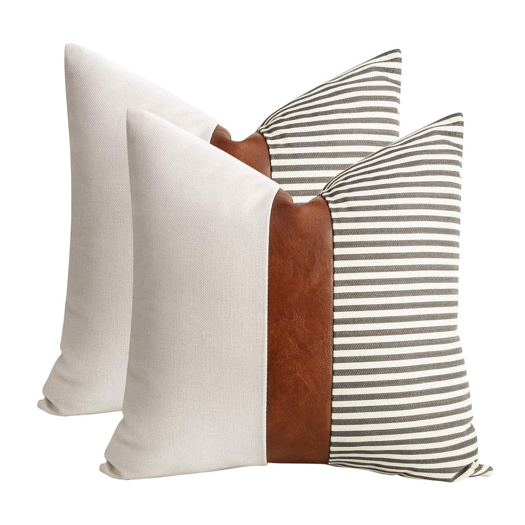 Cygnus 22X22Inches Pillow Covers Set Of 2 Farmhouse Decor Stripe Patchwork Linen Throw Pillow Covers Modern Faux Leather Covers