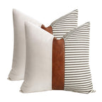 Cygnus 22X22Inches Pillow Covers Set Of 2 Farmhouse Decor Stripe Patchwork Linen Throw Pillow Covers Modern Faux Leather Covers