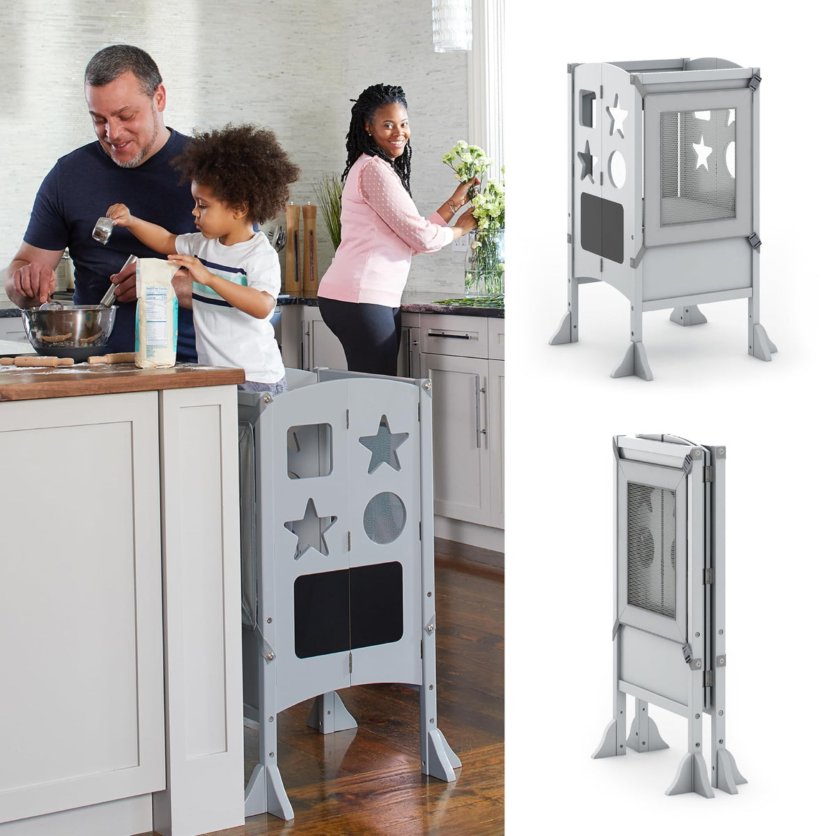 Guidecraft Classic Kitchen Helper® Toddler Tower - Gray: Folding, Adjustable Height, Learning Step Stool For Kids, W/Chalkboard | Montessori Collapsible Safety Non-Slip Platform
