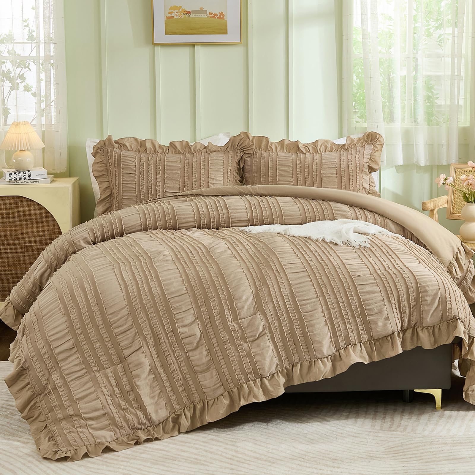 Wongs Bedding Khaki Comforter Set Queen,3 Pieces Ruffle Farmhouse Shabby Chic Comforter For Queen Bed,Soft Seersucker Textured B