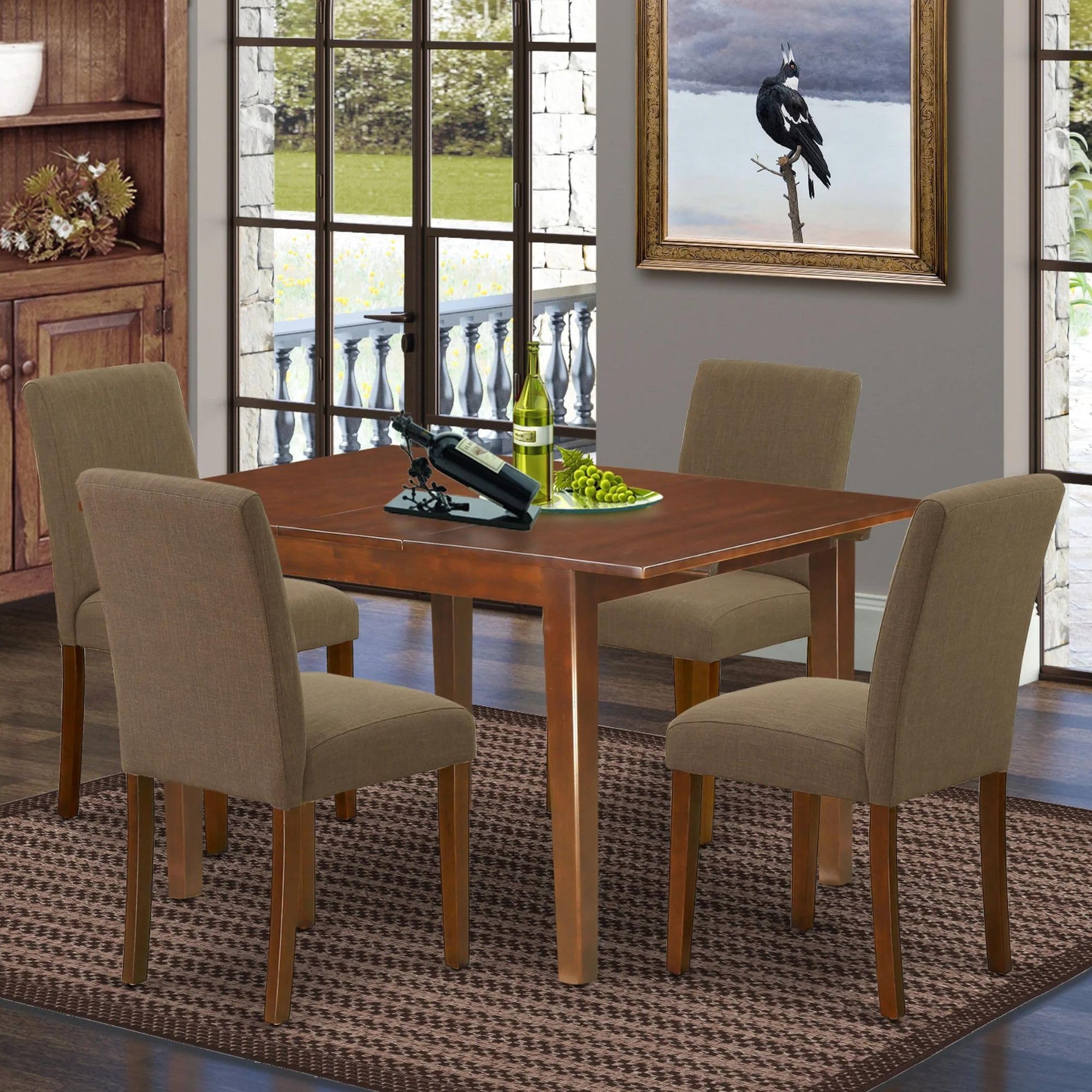 East West Furniture Noab5-Mah-18 5 Piece Dining Table Set For 4 Includes A Rectangle Kitchen Table With Butterfly Leaf And 4 Coffee Linen Fabric Parson Dining Chairs, 32X54 Inch, Mahogany