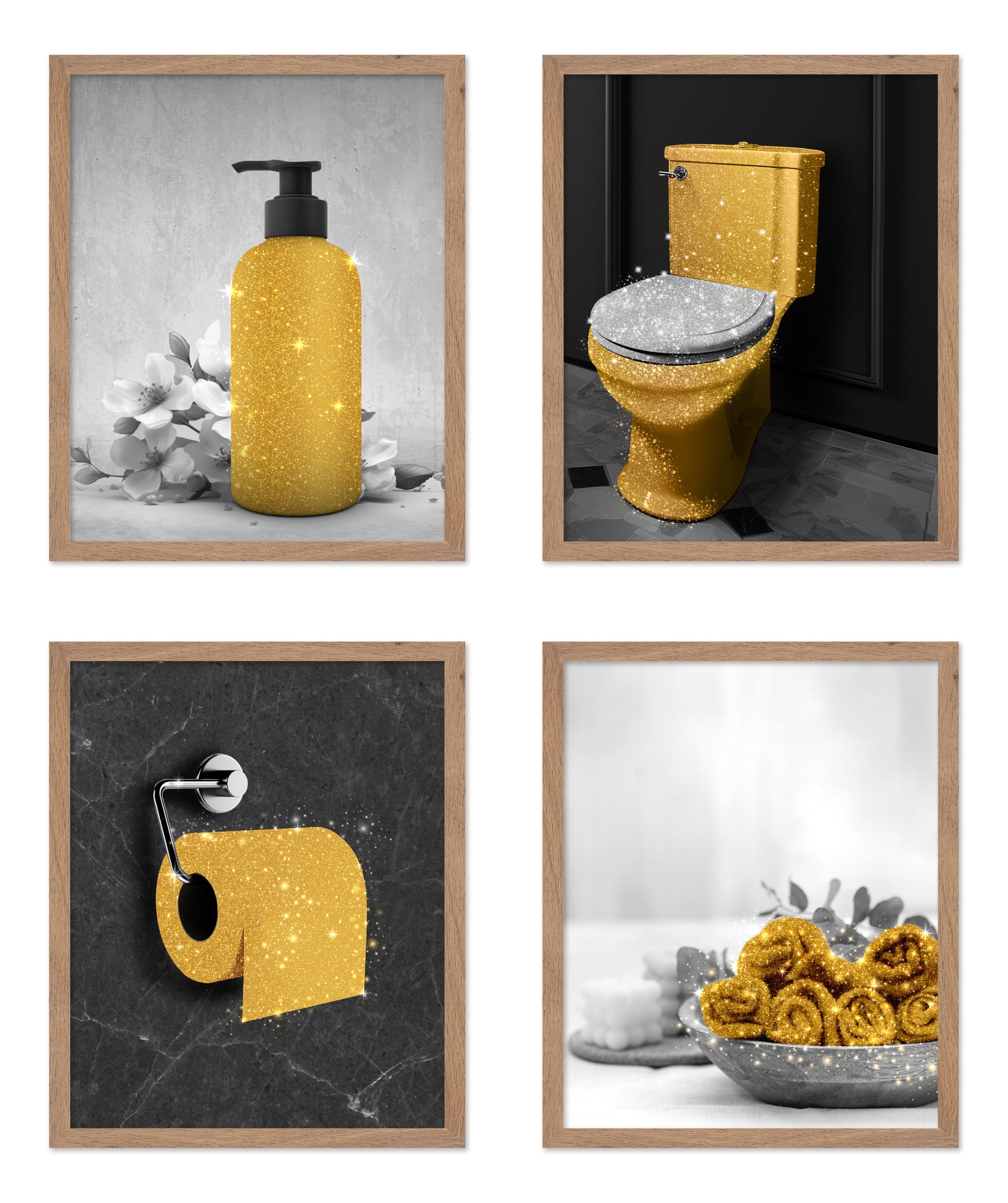 Poster Master 4-Piece Bathroom Accessories Poster - Gold Restroom Print - Trendy Art - Modern Art - Bathroom Wall Decoration - G